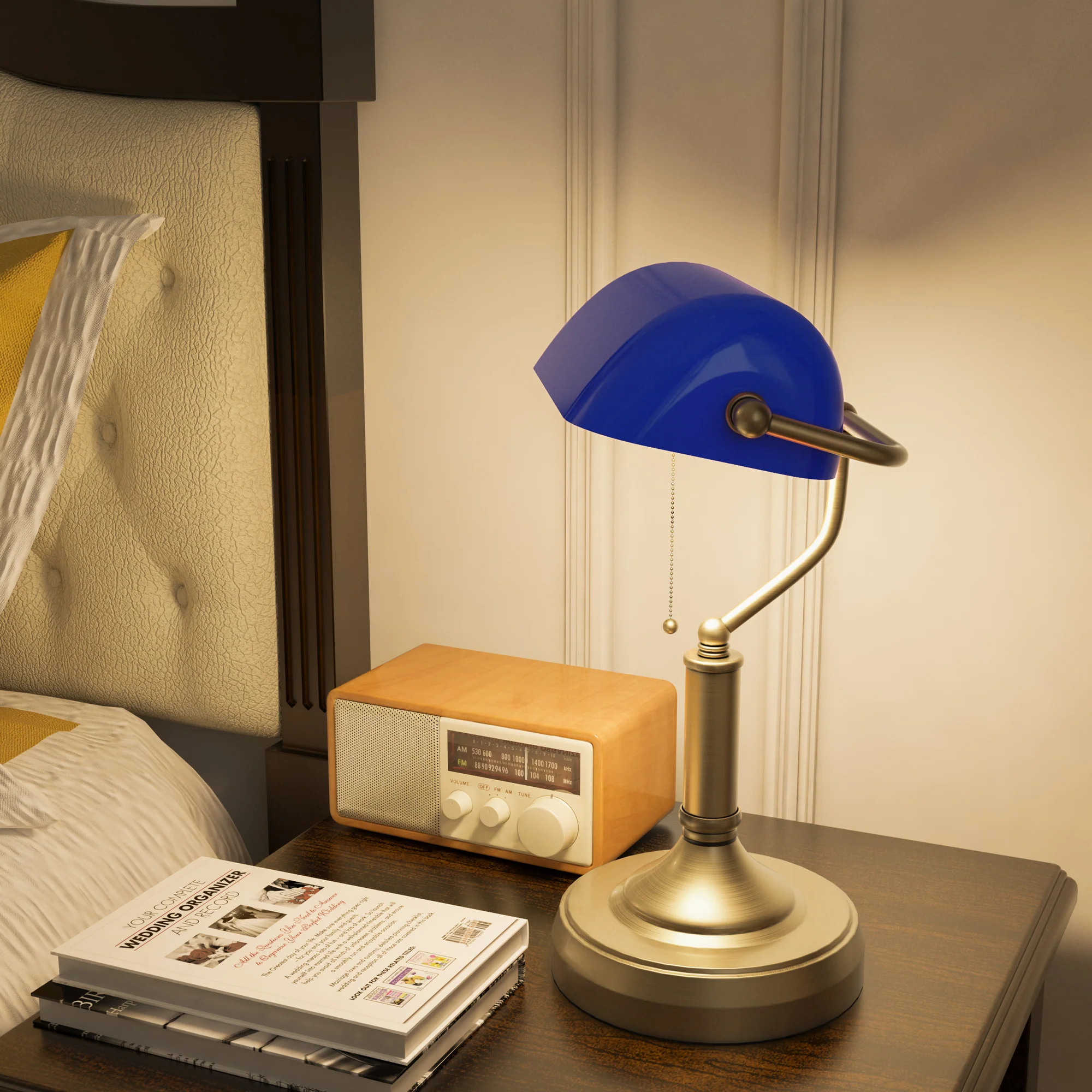 HOMCOM Banker's Table Lamp W/ Antique Bronze Tone Base, White/Blue - Image 16