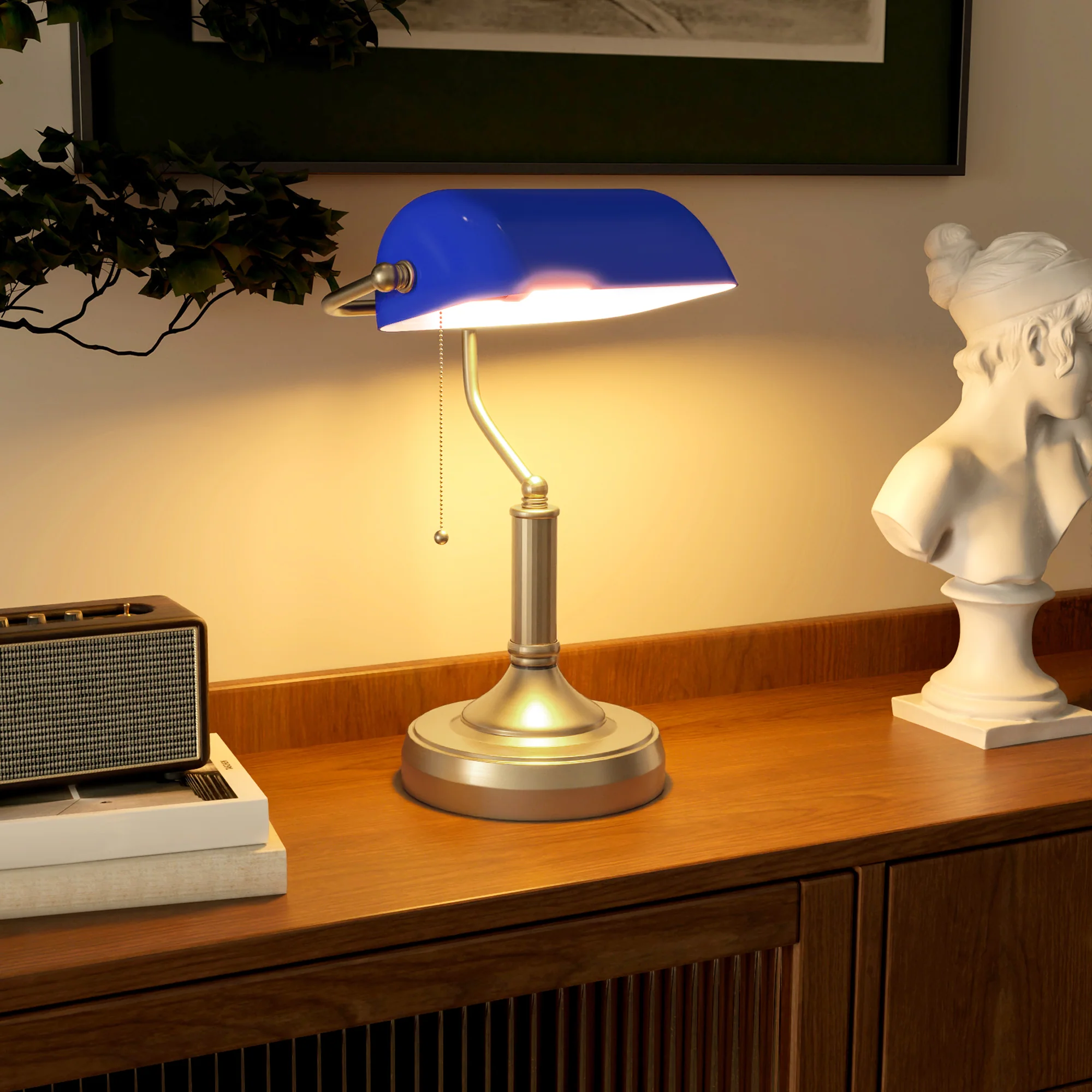 HOMCOM Banker's Table Lamp W/ Antique Bronze Tone Base, White/Blue - Image 17