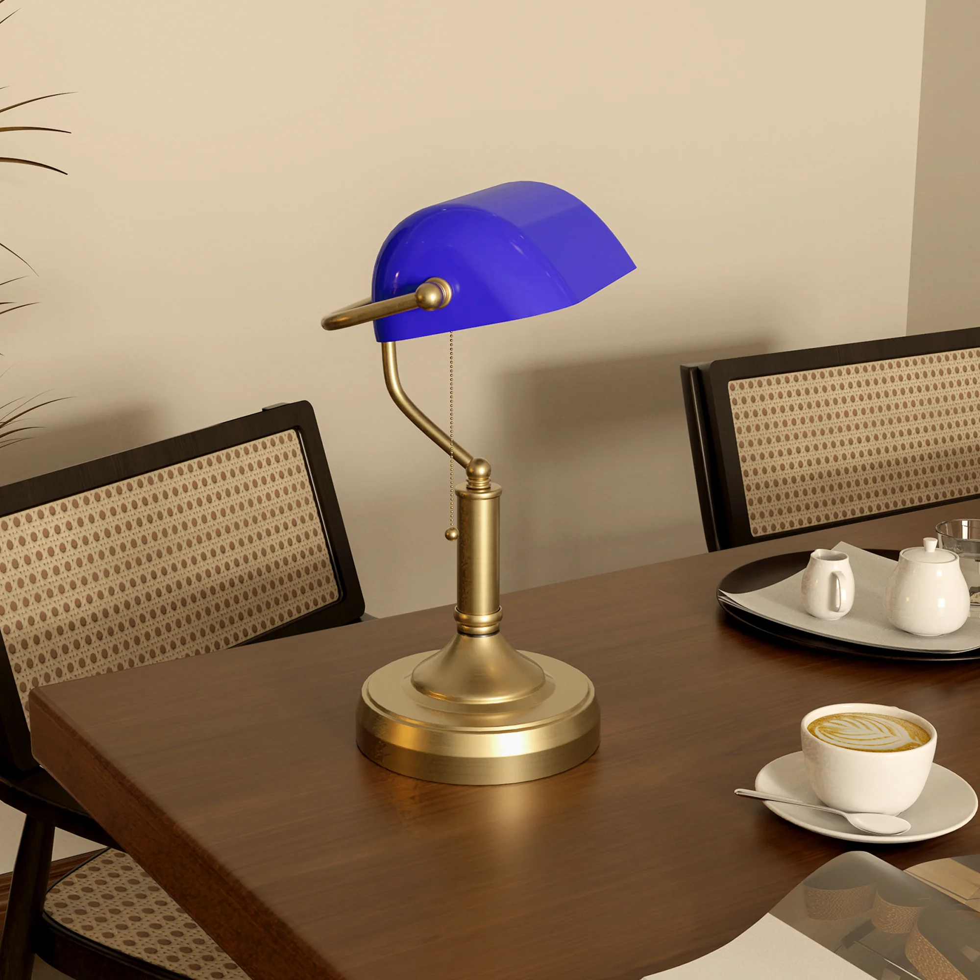 HOMCOM Banker's Table Lamp W/ Antique Bronze Tone Base, White/Blue - Image 18