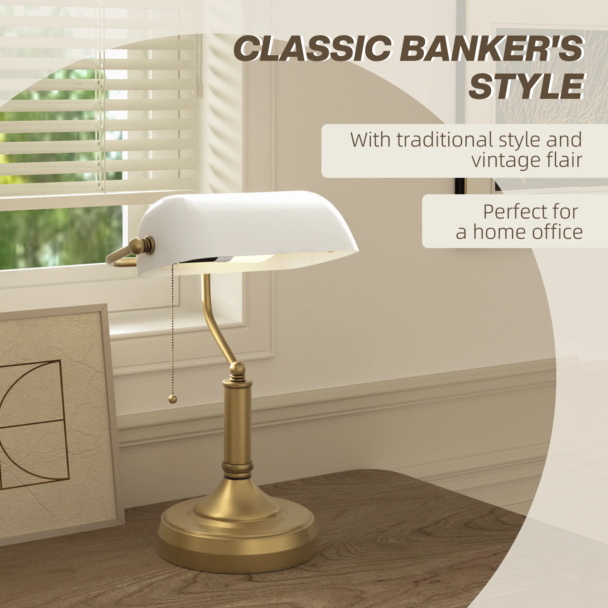 HOMCOM Banker's Table Lamp W/ Antique Bronze Tone Base, White/Blue - Image 3