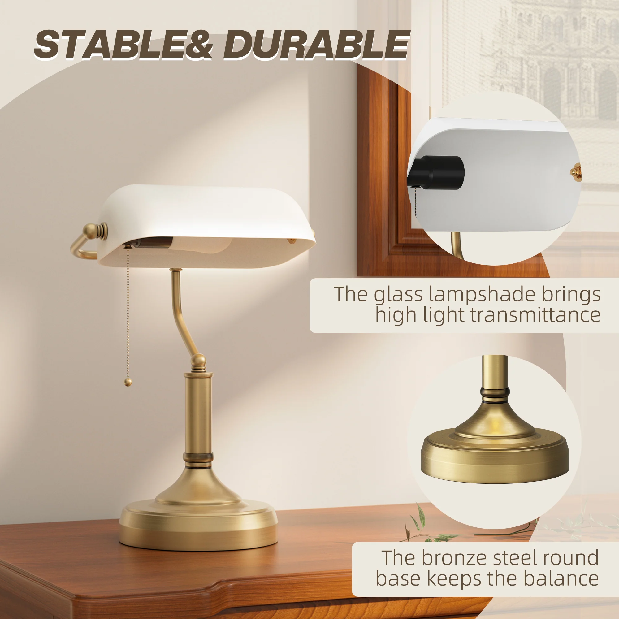 HOMCOM Banker's Table Lamp W/ Antique Bronze Tone Base, White/Blue - Image 4