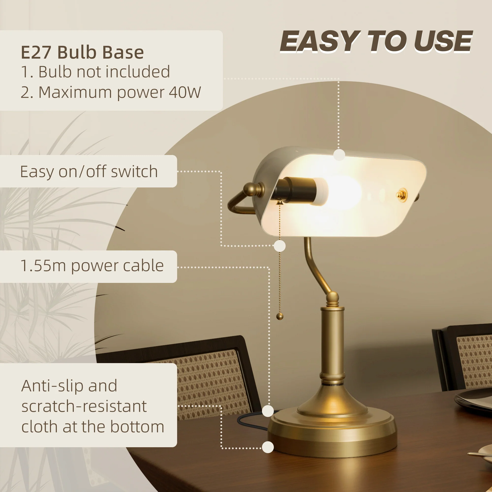 HOMCOM Banker's Table Lamp W/ Antique Bronze Tone Base, White/Blue - Image 6
