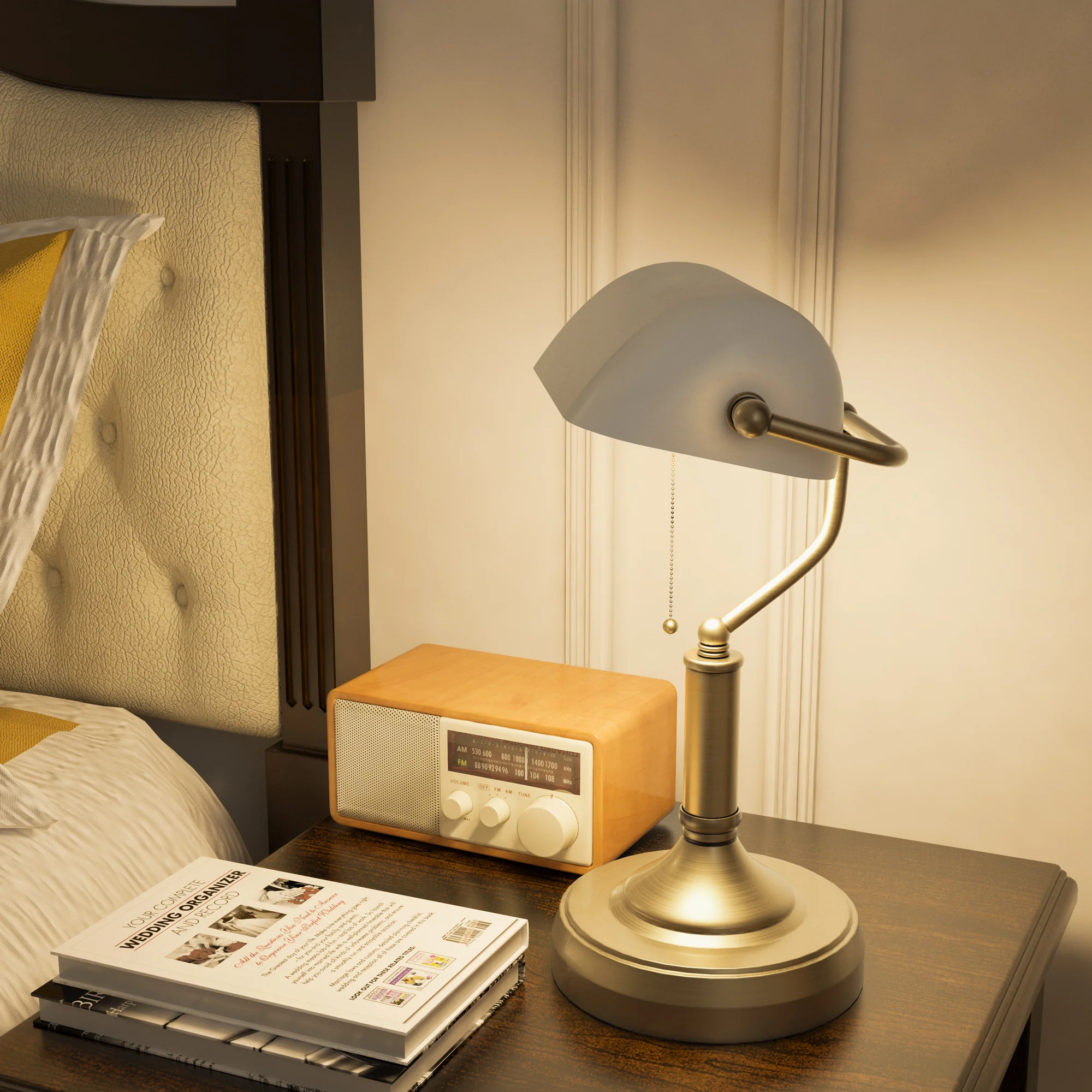 HOMCOM Banker's Table Lamp W/ Antique Bronze Tone Base, White/Blue - Image 7
