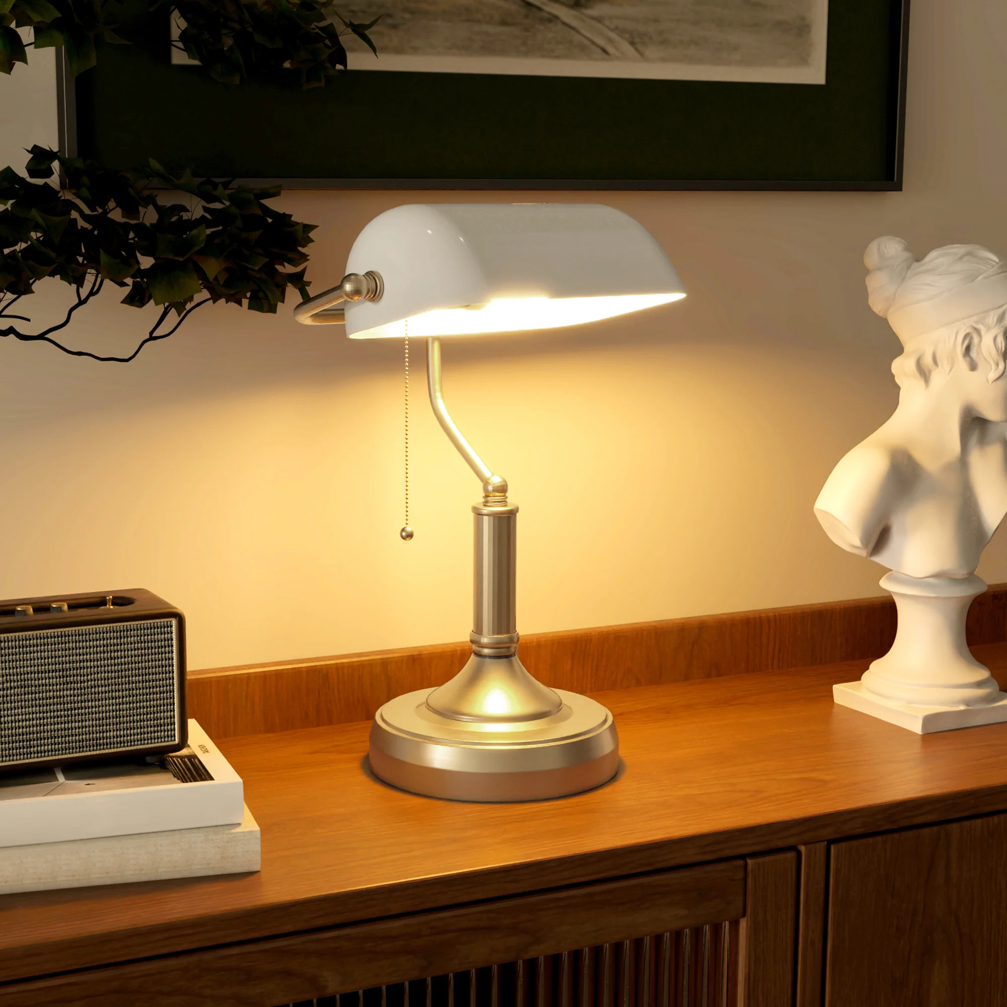HOMCOM Banker's Table Lamp W/ Antique Bronze Tone Base, White/Blue - Image 8