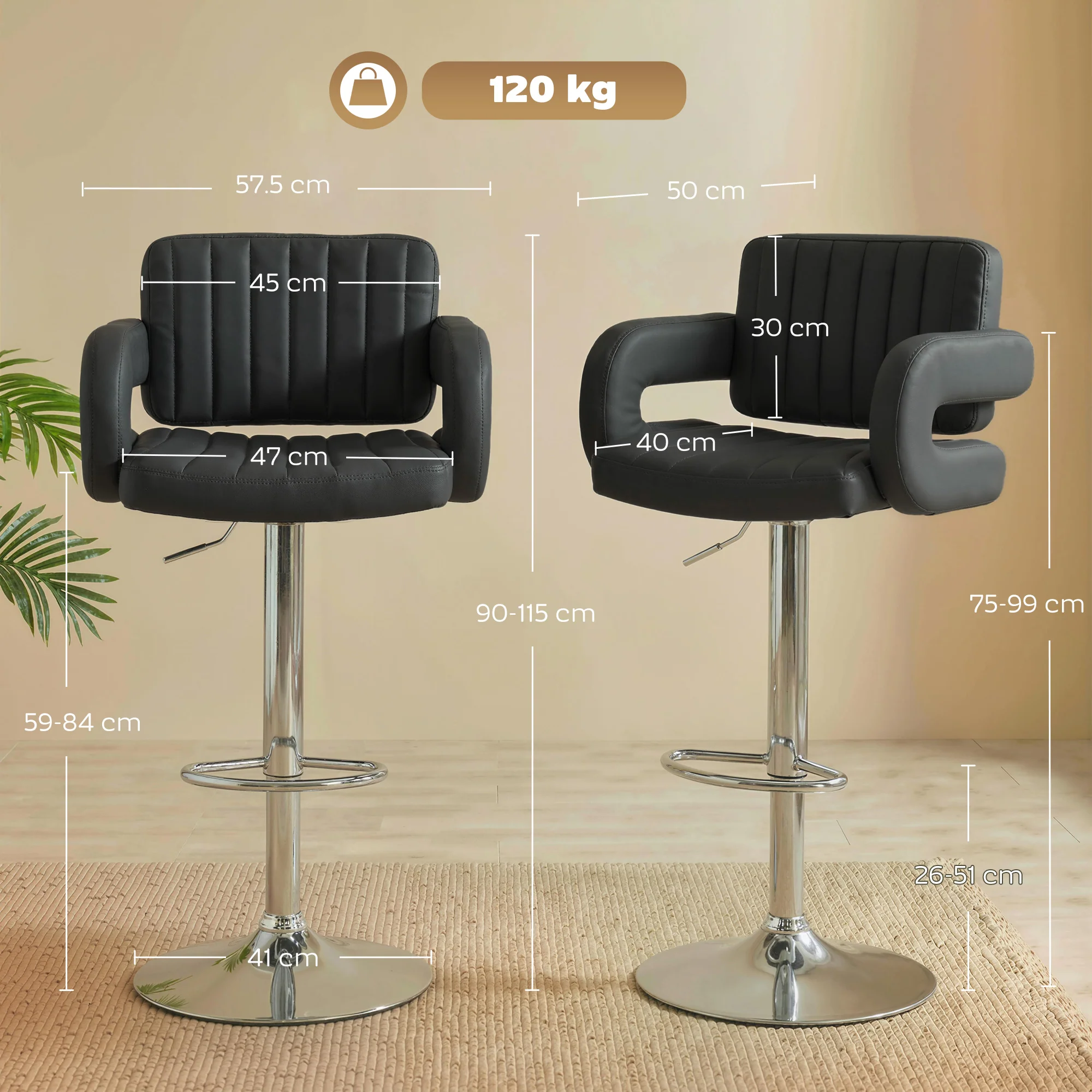 HOMCOM Bar Stools Adjustable Swivel With Armrest Set Of 2 Black - Image 5