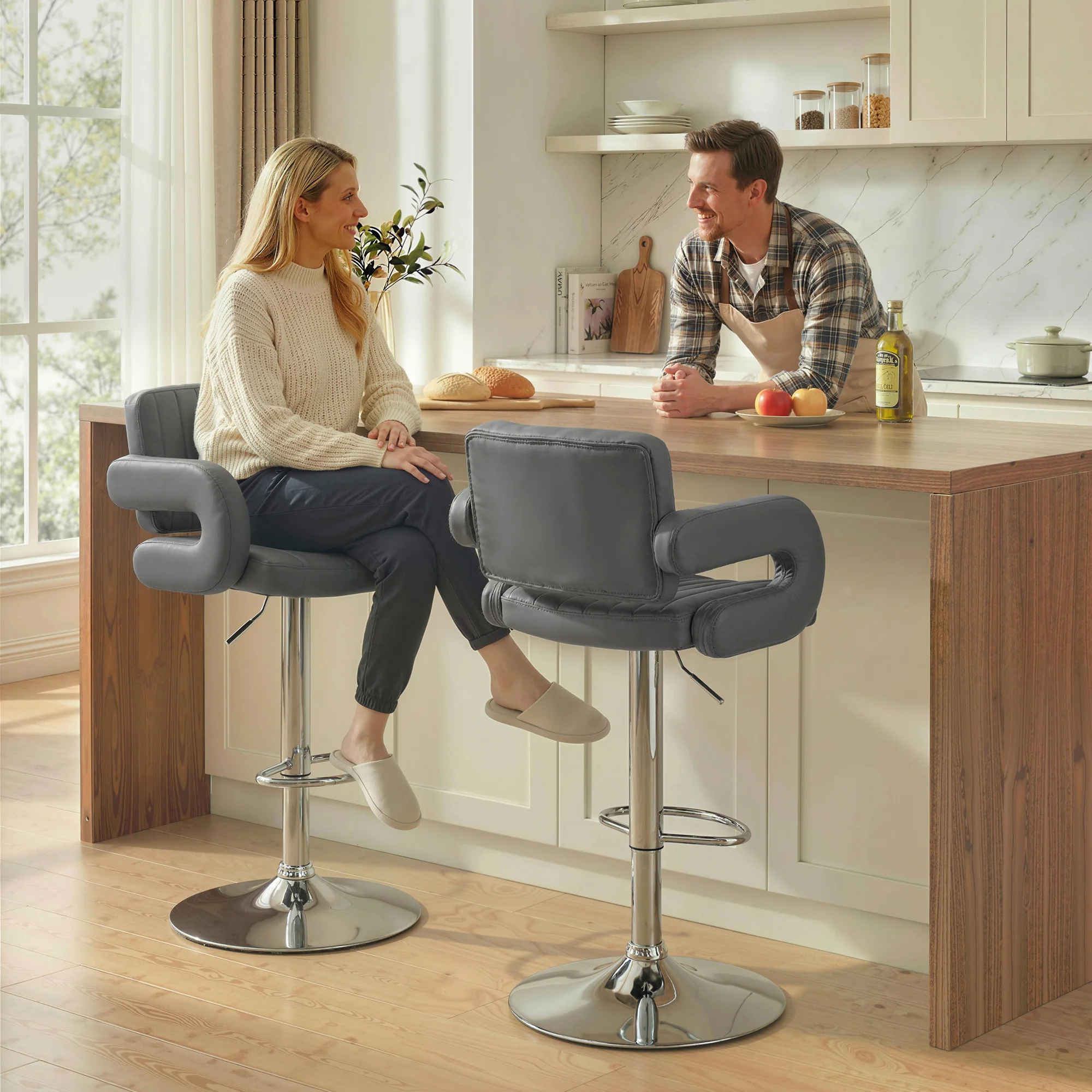 HOMCOM Bar Stools Adjustable Swivel With Armrest Set Of 2 Grey - Image 2