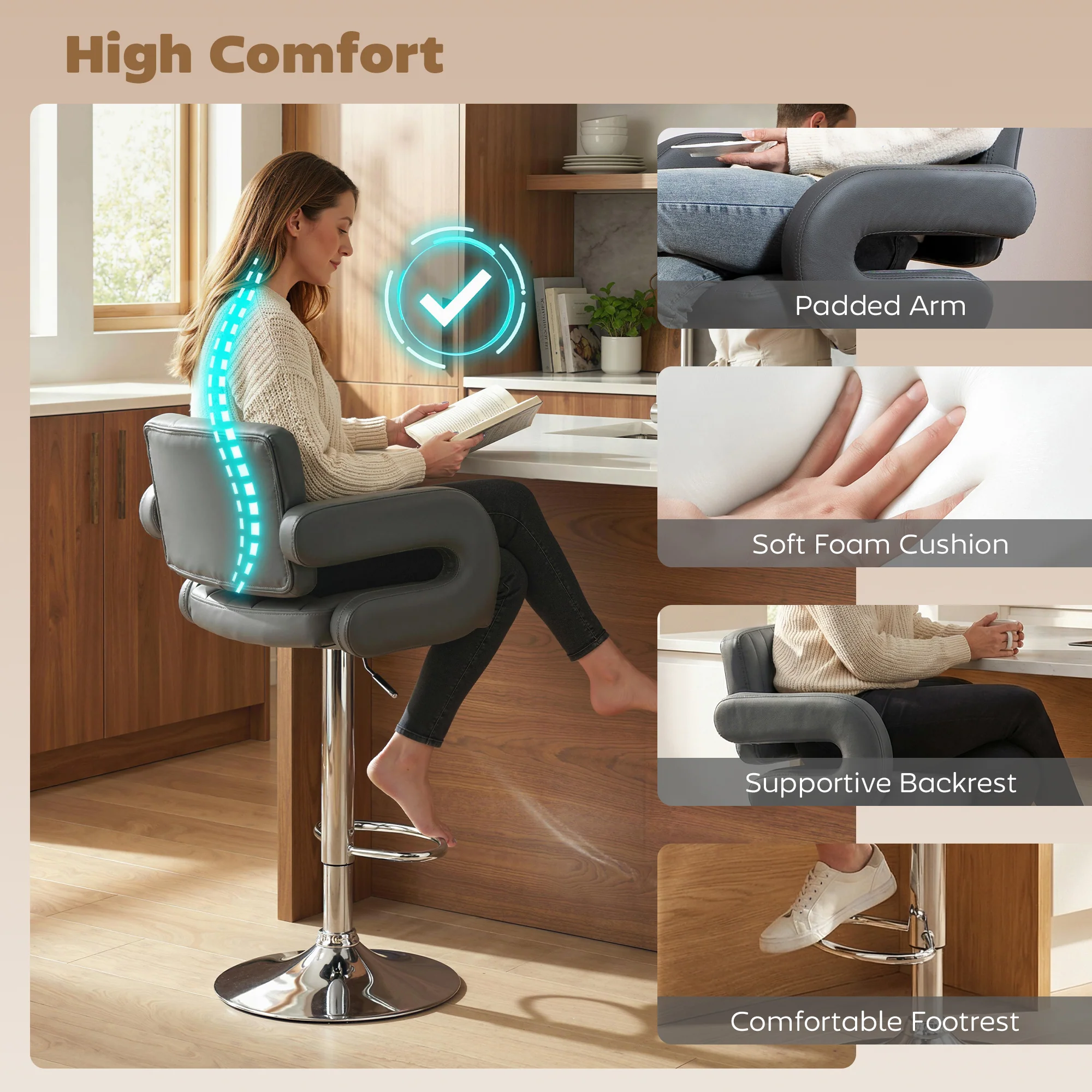 HOMCOM Bar Stools Adjustable Swivel With Armrest Set Of 2 Grey - Image 3