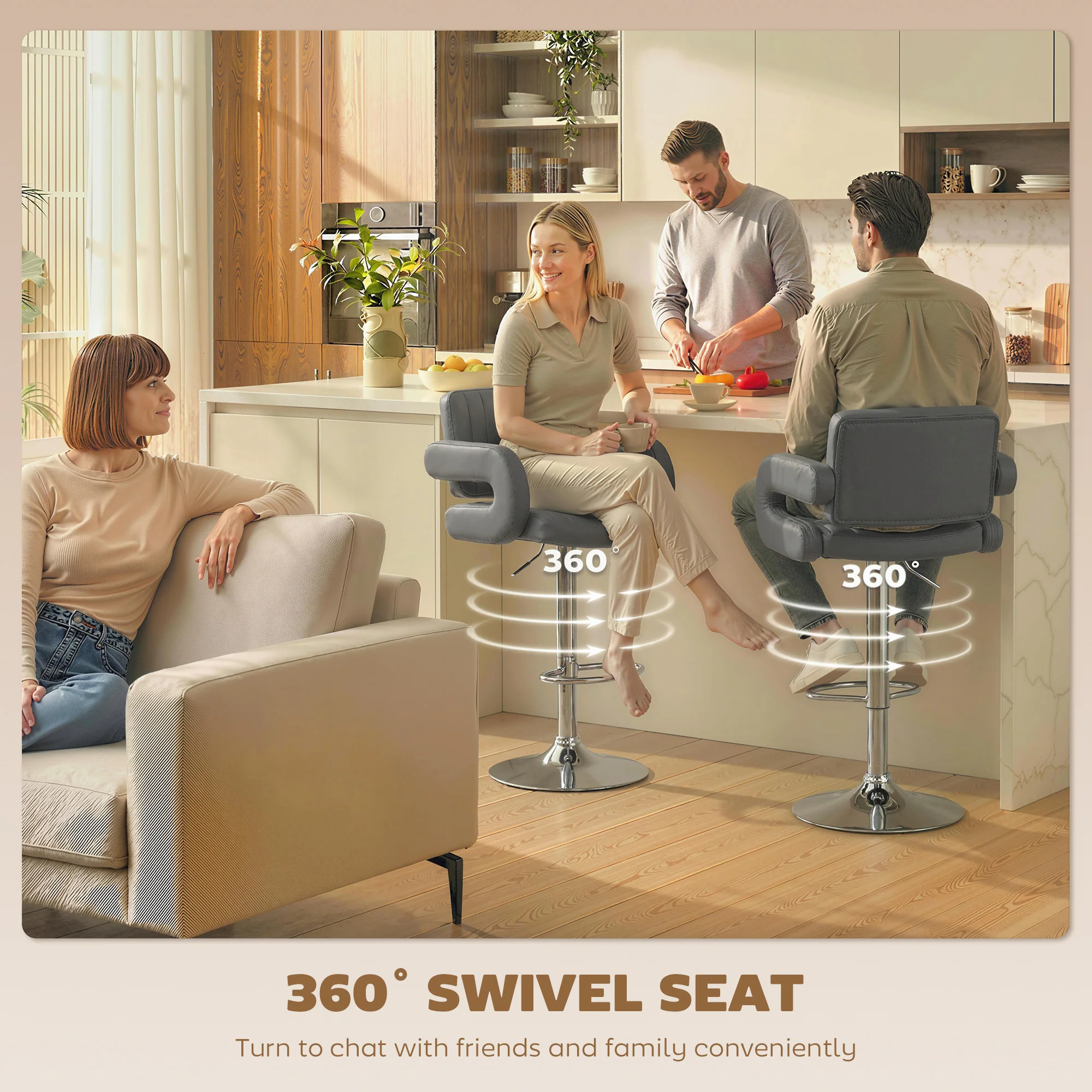 HOMCOM Bar Stools Adjustable Swivel With Armrest Set Of 2 Grey - Image 4