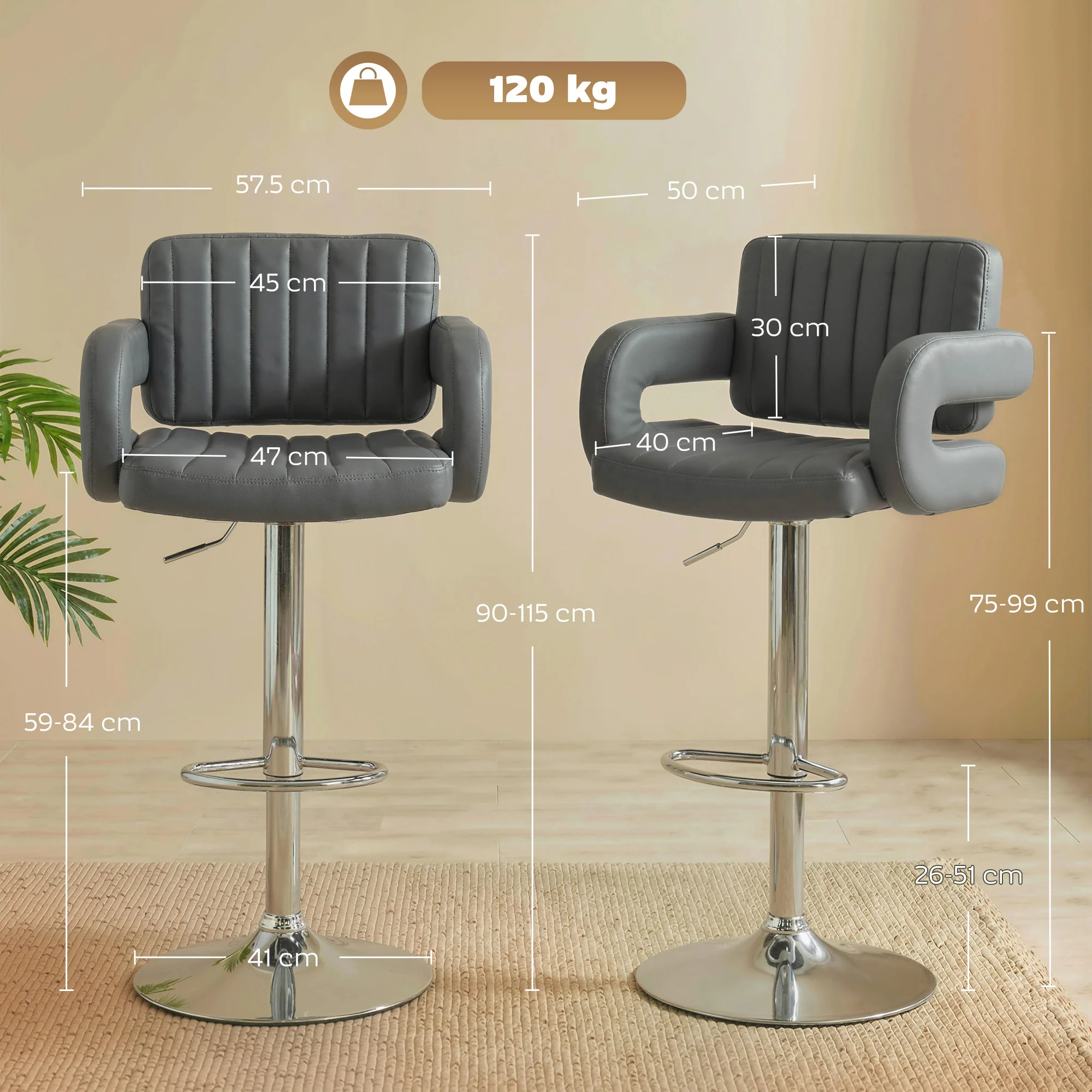 HOMCOM Bar Stools Adjustable Swivel With Armrest Set Of 2 Grey - Image 5