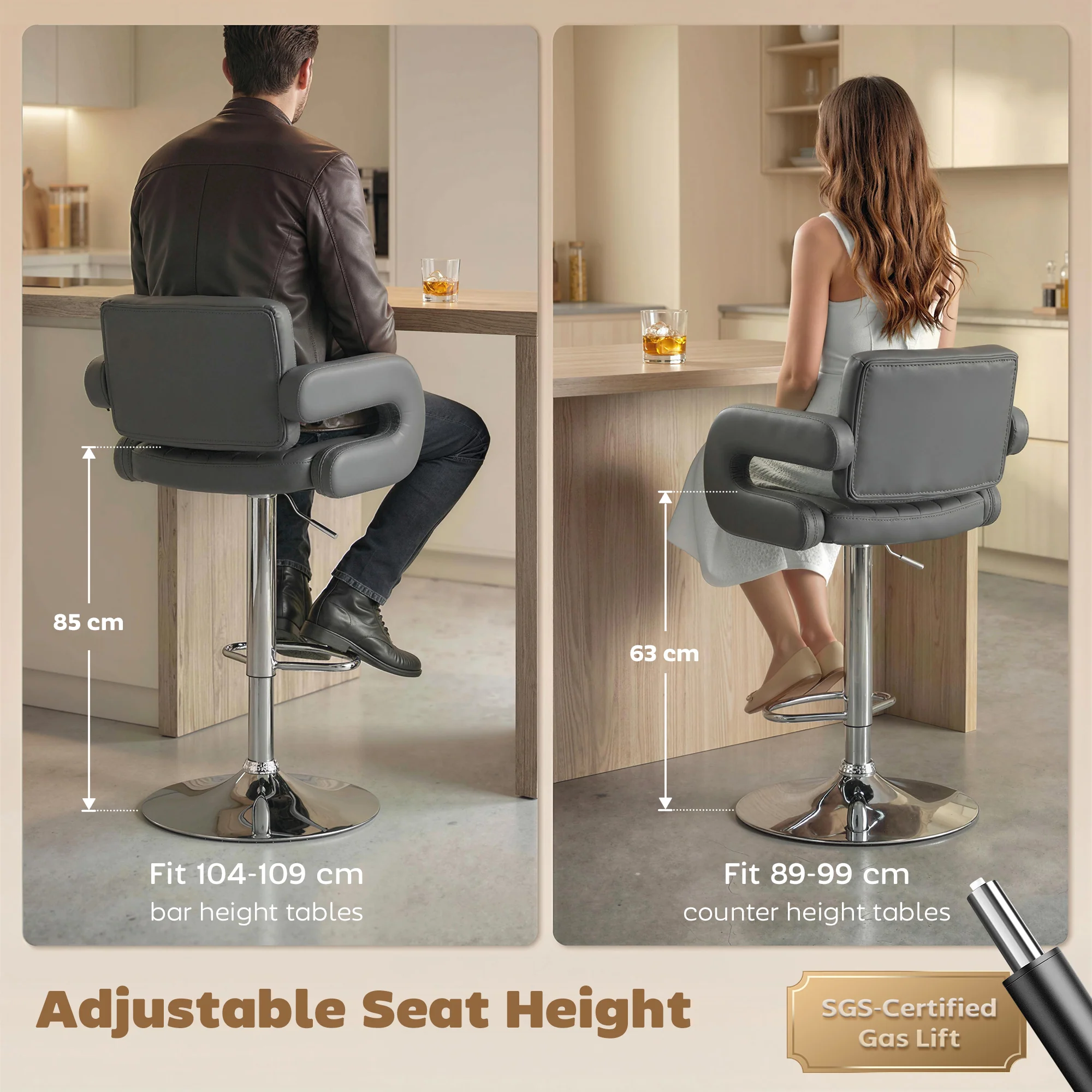 HOMCOM Bar Stools Adjustable Swivel With Armrest Set Of 2 Grey - Image 6