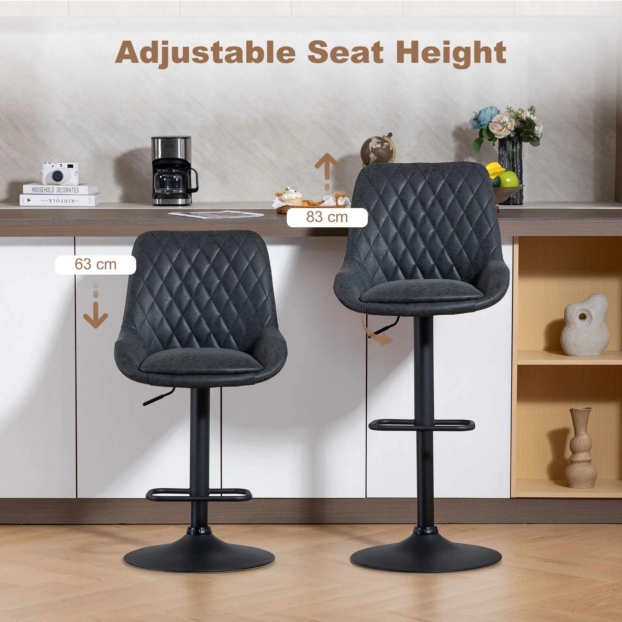 HOMCOM Bar Stools Set Of 2, Adjustable Bar Chairs 360 Degree Swivel Black - Image 3