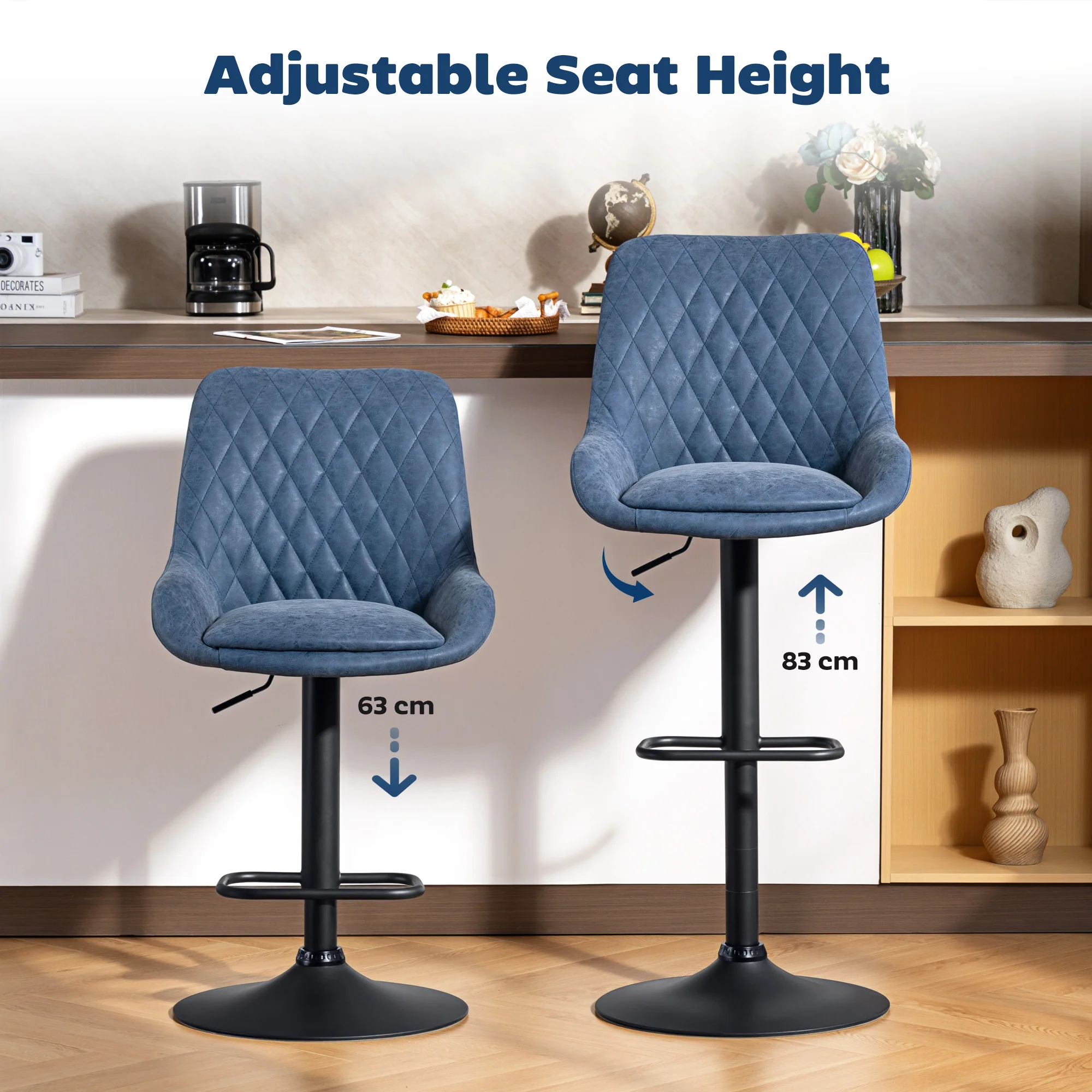 HOMCOM Bar Stools Set Of 2, Adjustable Bar Chairs 360 Degree Swivel Blue - Image 3