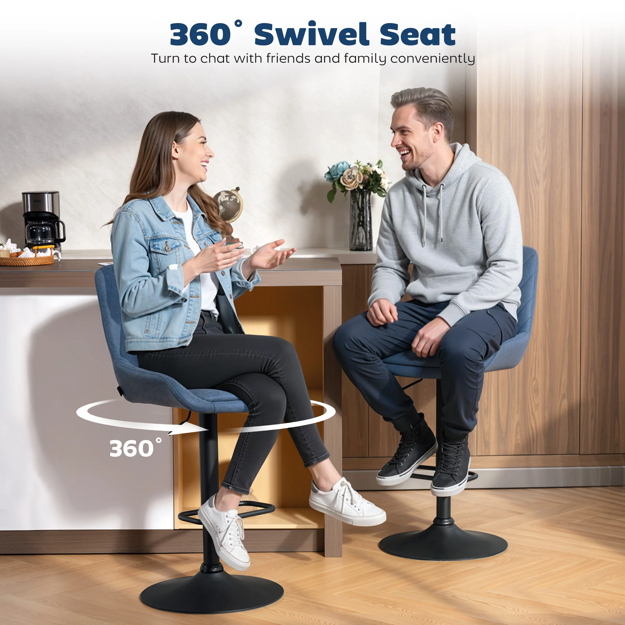 HOMCOM Bar Stools Set Of 2, Adjustable Bar Chairs 360 Degree Swivel Blue - Image 4