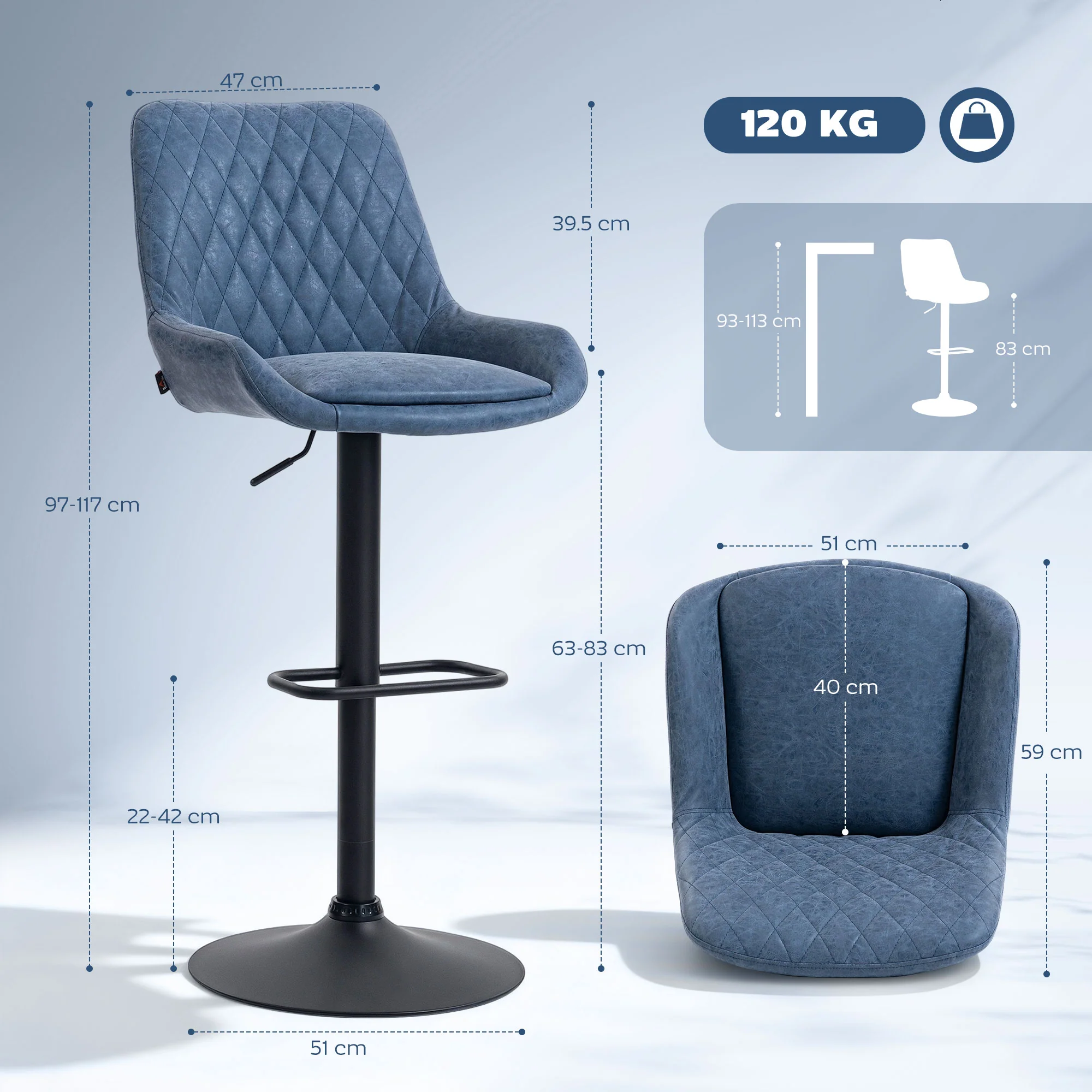 HOMCOM Bar Stools Set Of 2, Adjustable Bar Chairs 360 Degree Swivel Blue - Image 5