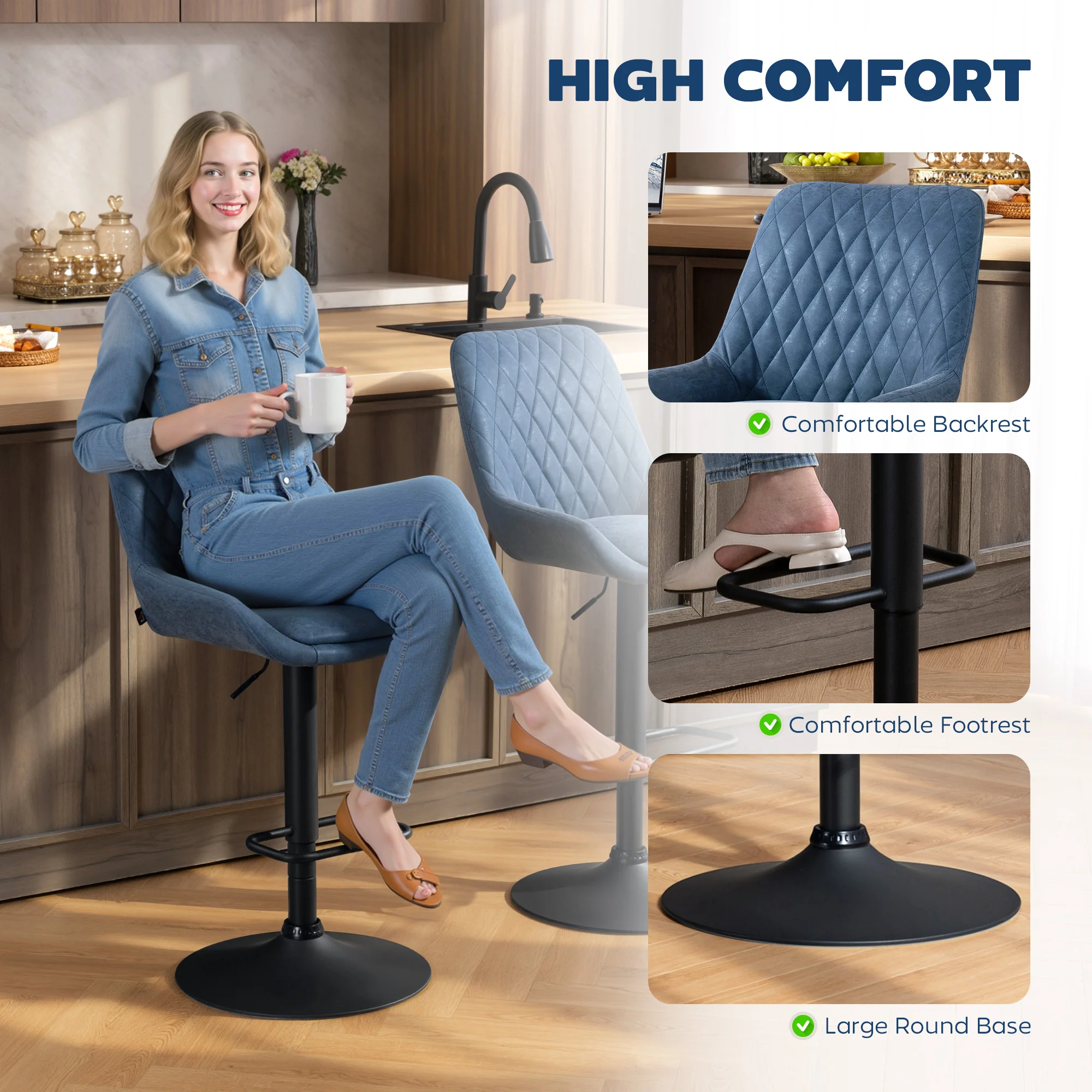 HOMCOM Bar Stools Set Of 2, Adjustable Bar Chairs 360 Degree Swivel Blue - Image 7