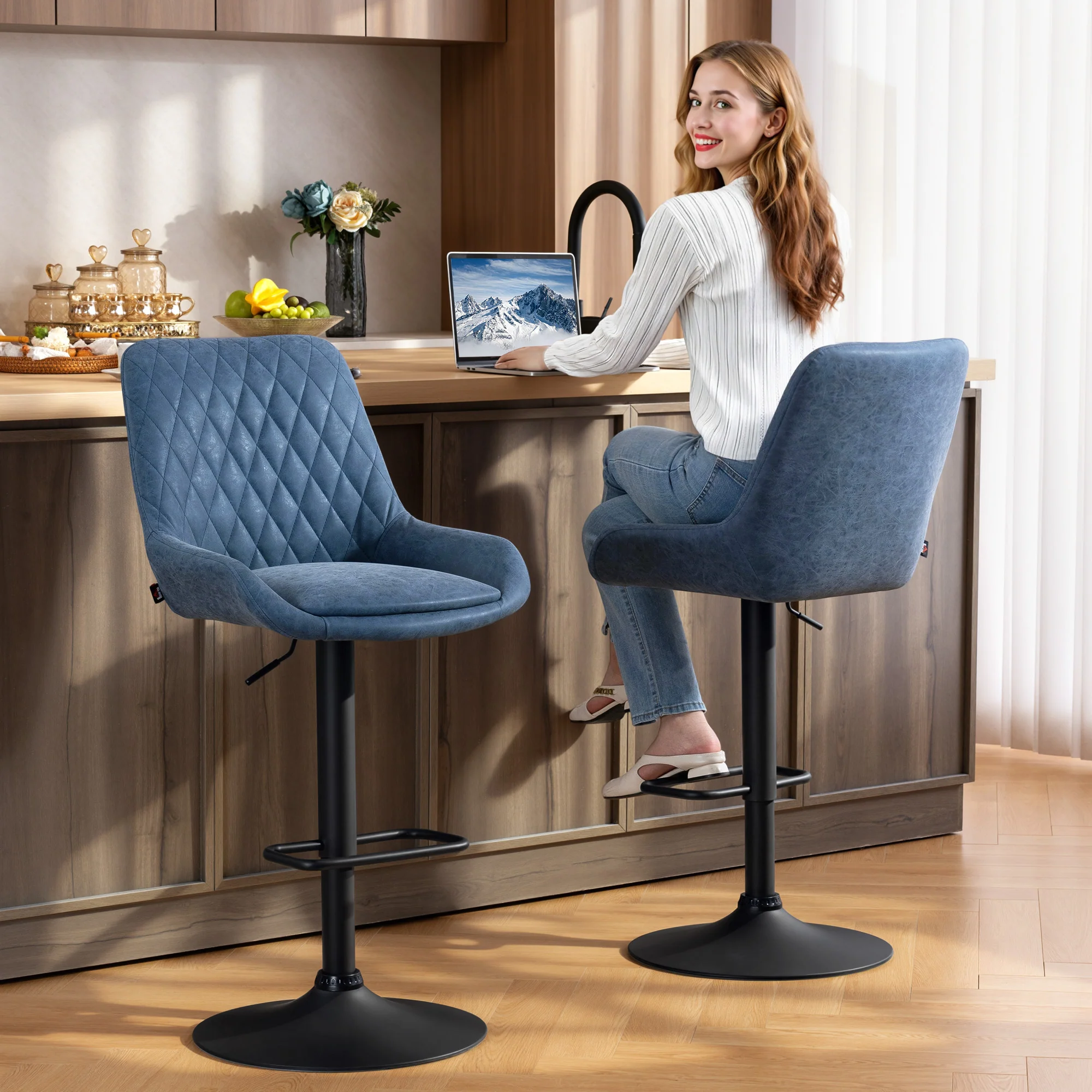 HOMCOM Bar Stools Set Of 2, Adjustable Bar Chairs 360 Degree Swivel Blue - Image 8