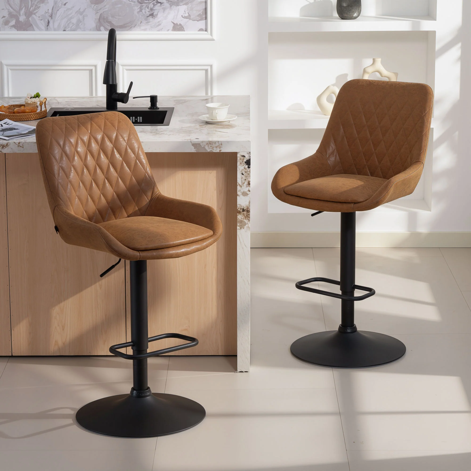 HOMCOM Bar Stools Set Of 2, Adjustable Bar Chairs 360 Degree Swivel Orange - Image 2