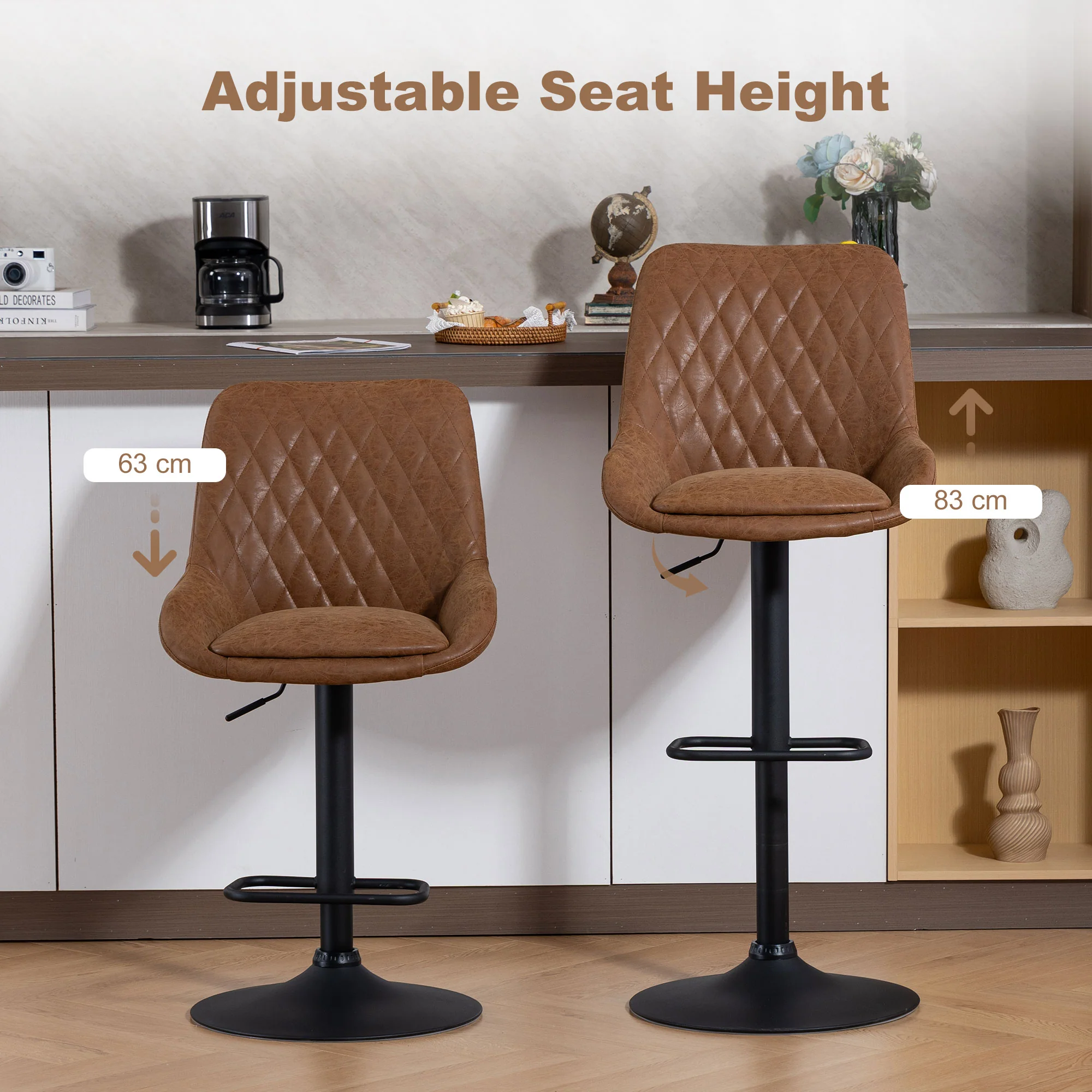 HOMCOM Bar Stools Set Of 2, Adjustable Bar Chairs 360 Degree Swivel Orange - Image 3