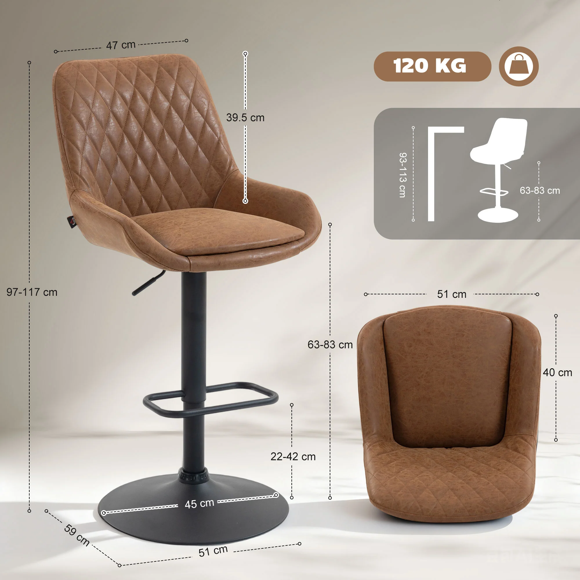 HOMCOM Bar Stools Set Of 2, Adjustable Bar Chairs 360 Degree Swivel Orange - Image 5