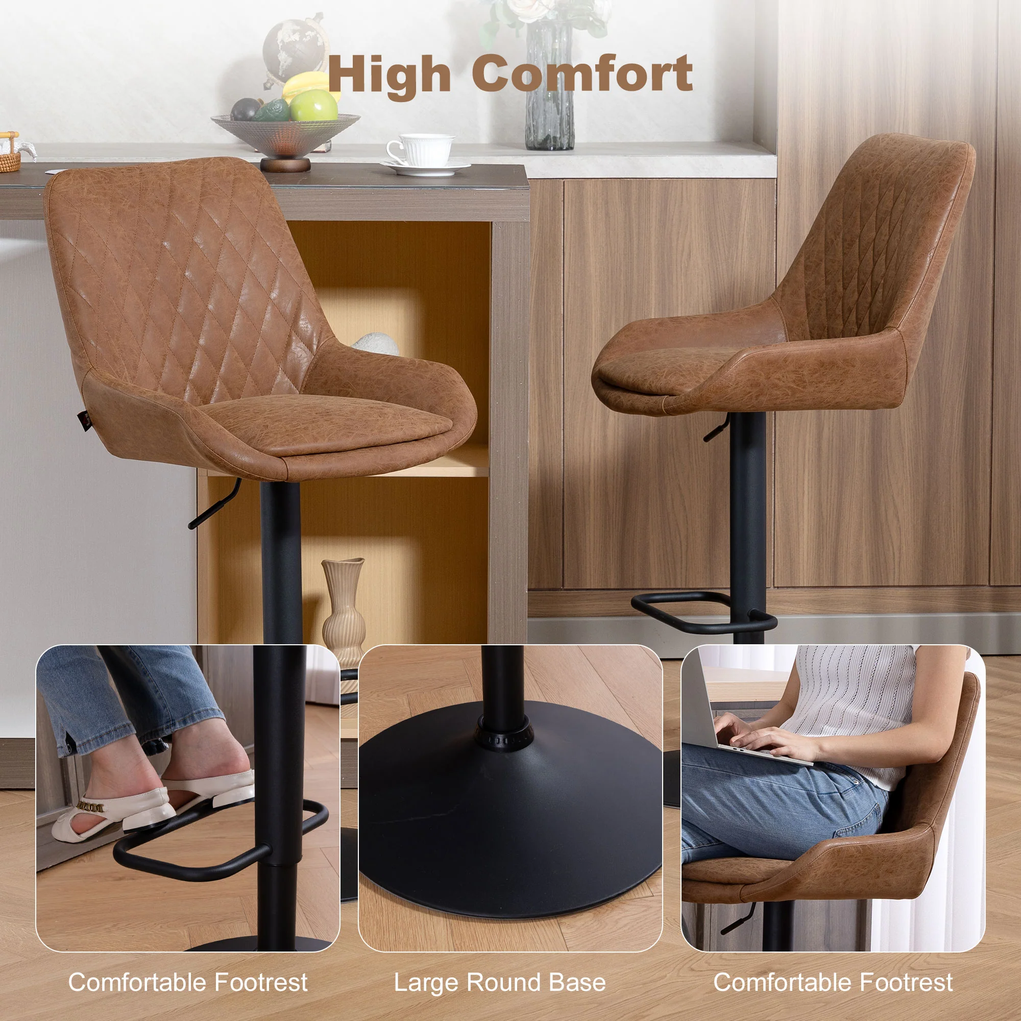 HOMCOM Bar Stools Set Of 2, Adjustable Bar Chairs 360 Degree Swivel Orange - Image 7