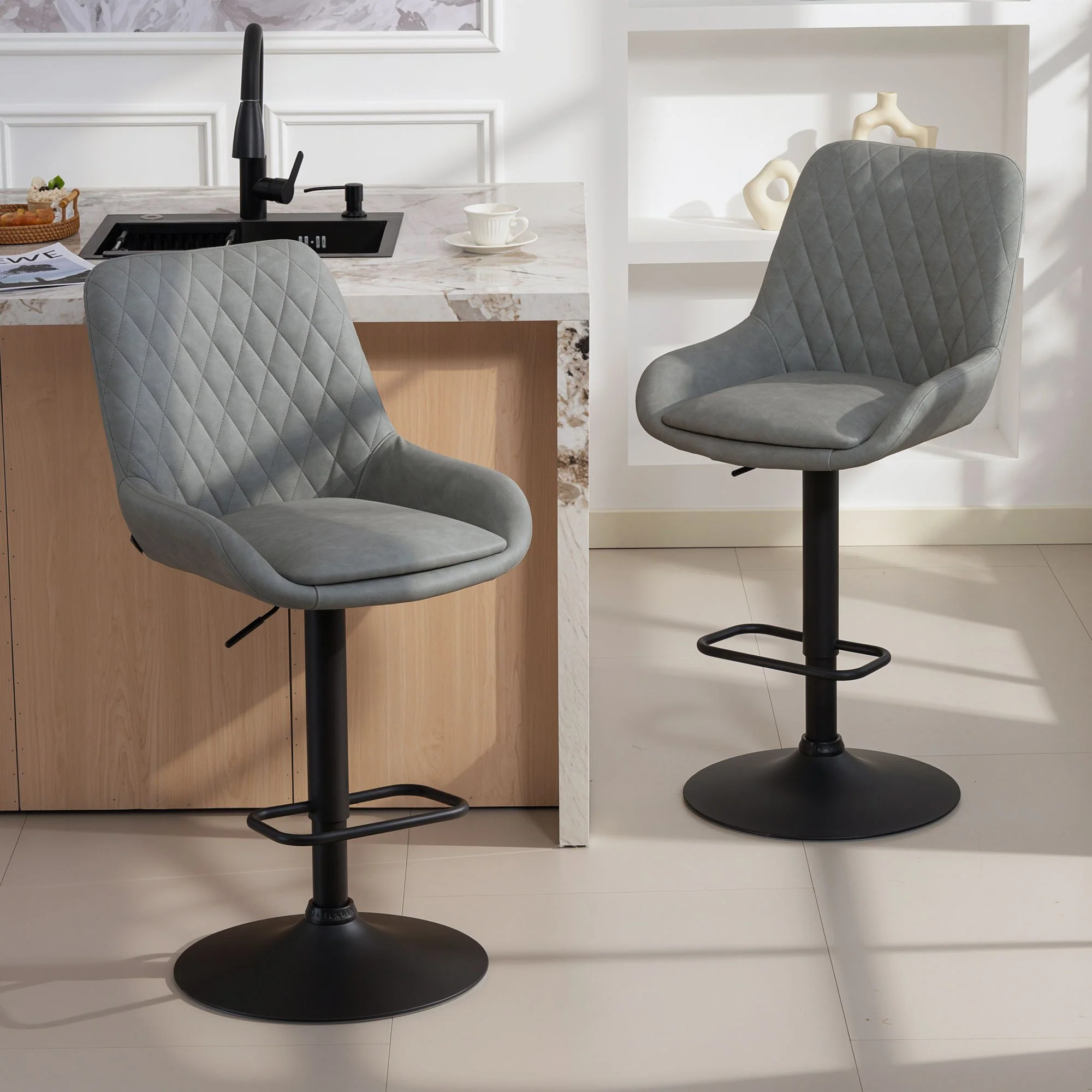 HOMCOM Bar Stools Set Of 2, Adjustable Bar Chairs Swivel Light Grey - Image 2