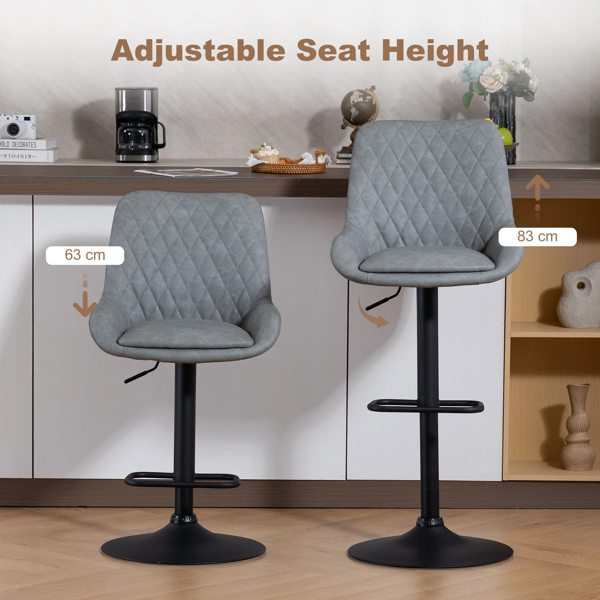 HOMCOM Bar Stools Set Of 2, Adjustable Bar Chairs Swivel Light Grey - Image 3