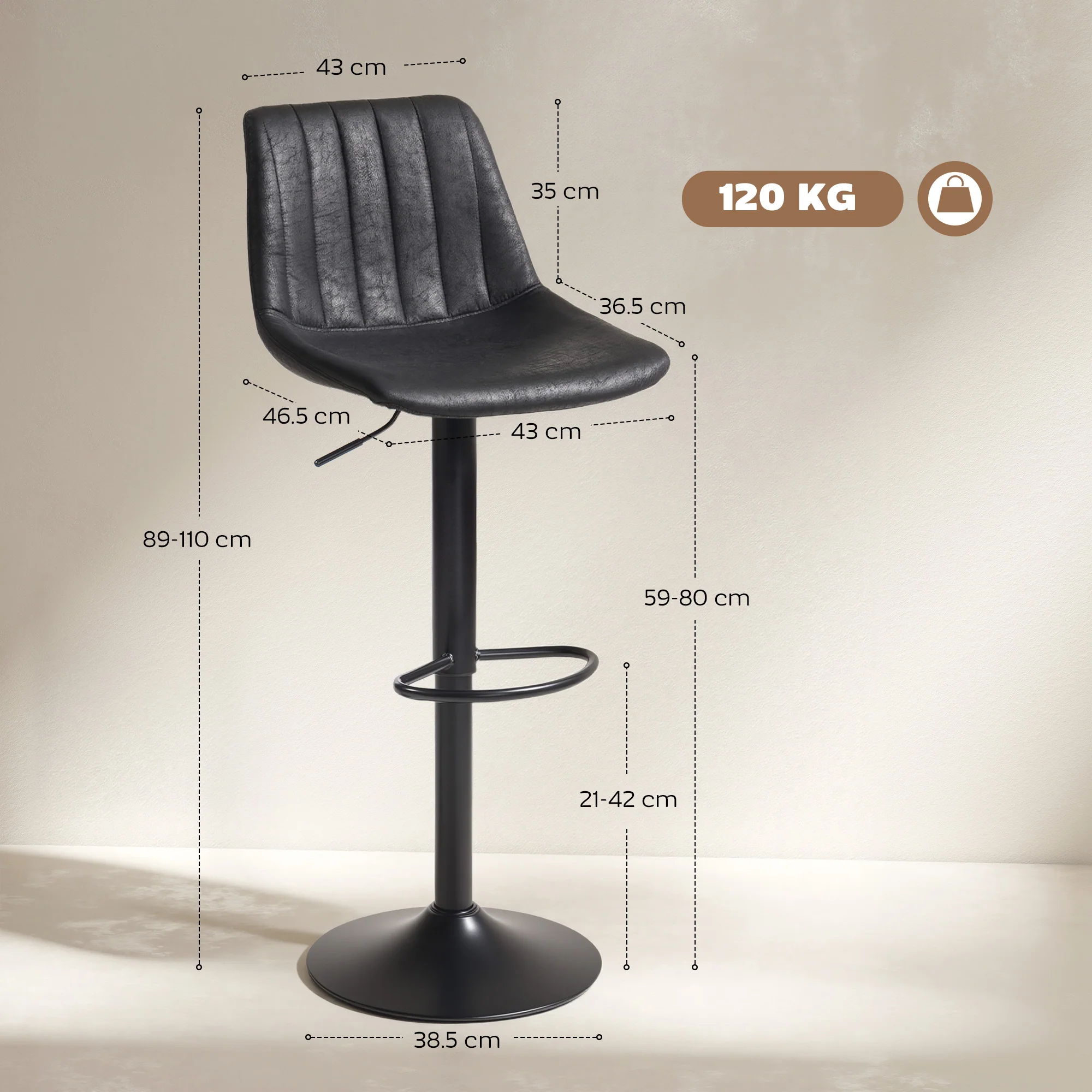 HOMCOM Bar Stools Set Of 2 Adjustable Swivel Bar Chairs With Backrest Black - Image 5