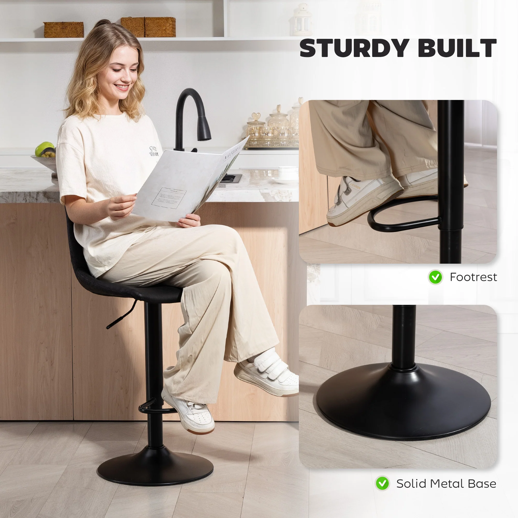 HOMCOM Bar Stools Set Of 2 Adjustable Swivel Bar Chairs With Backrest Black - Image 6