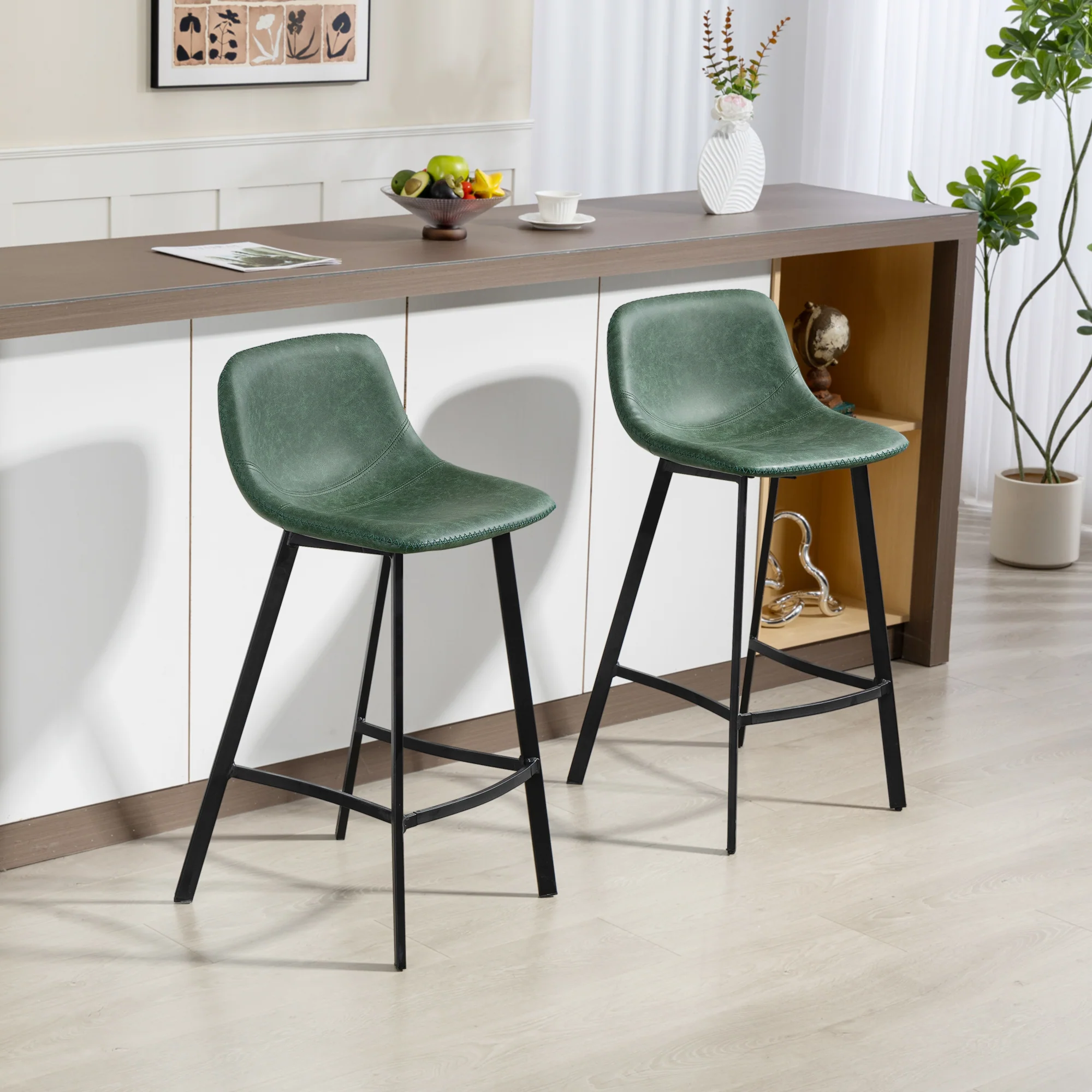 HOMCOM Bar Stools Set of 2, Bar Chairs with Back and Steel Legs, Green - Image 2