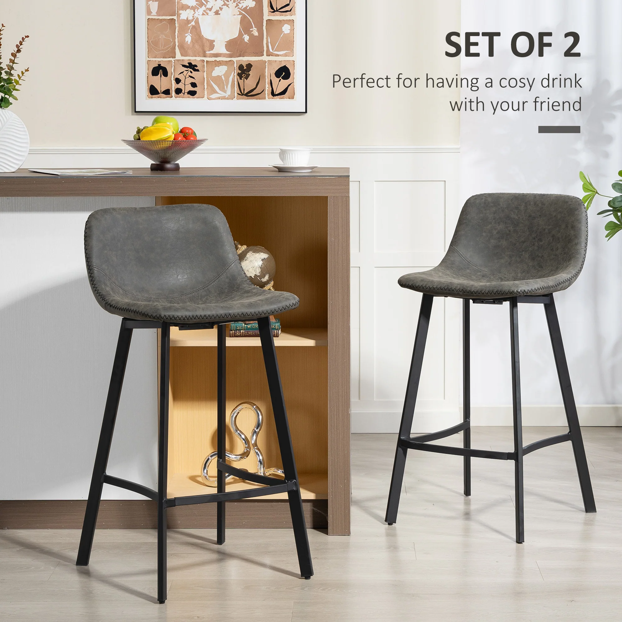 HOMCOM Bar Stools Set of 2, Bar Chairs with Back and Steel Legs, Grey - Image 3