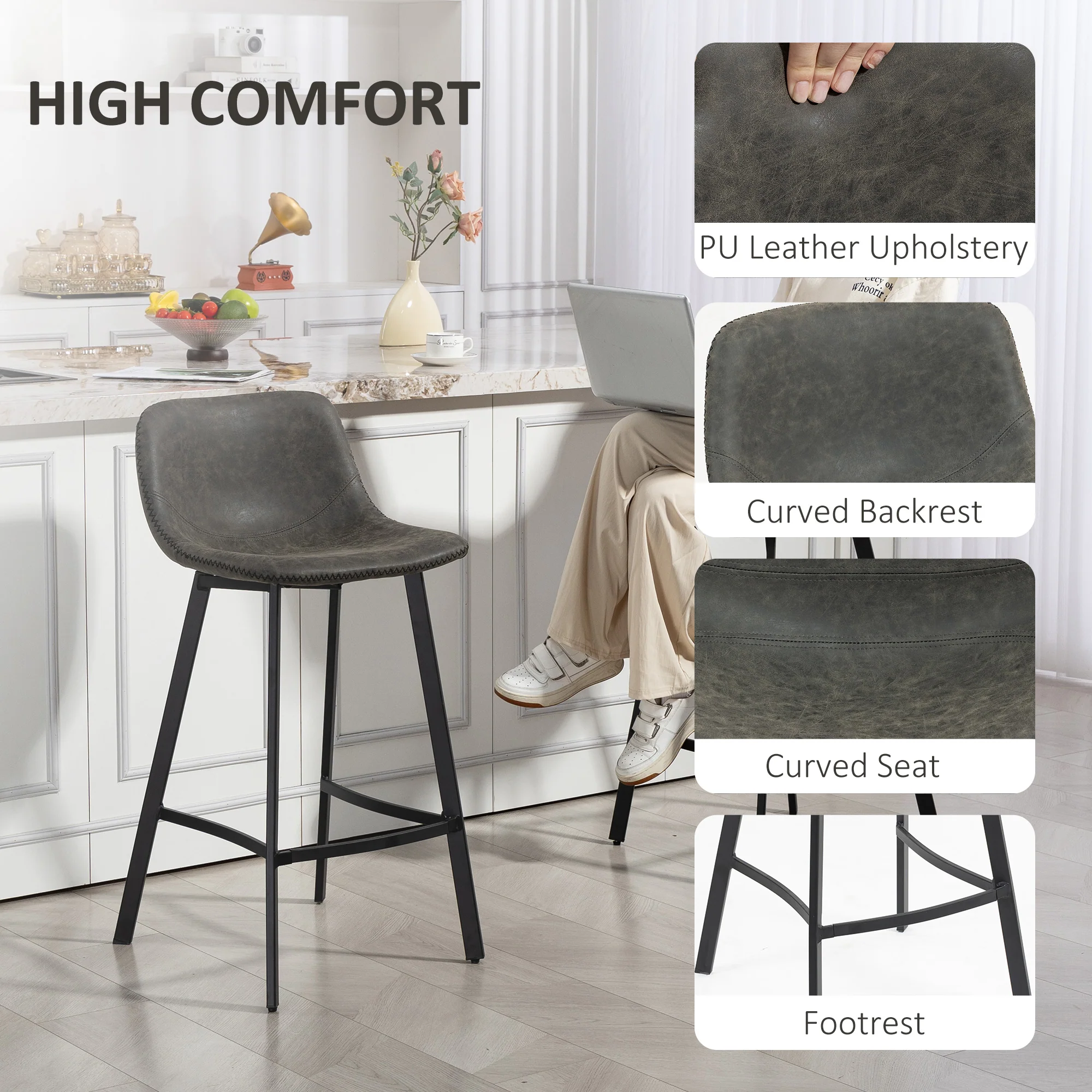 HOMCOM Bar Stools Set of 2, Bar Chairs with Back and Steel Legs, Grey - Image 4