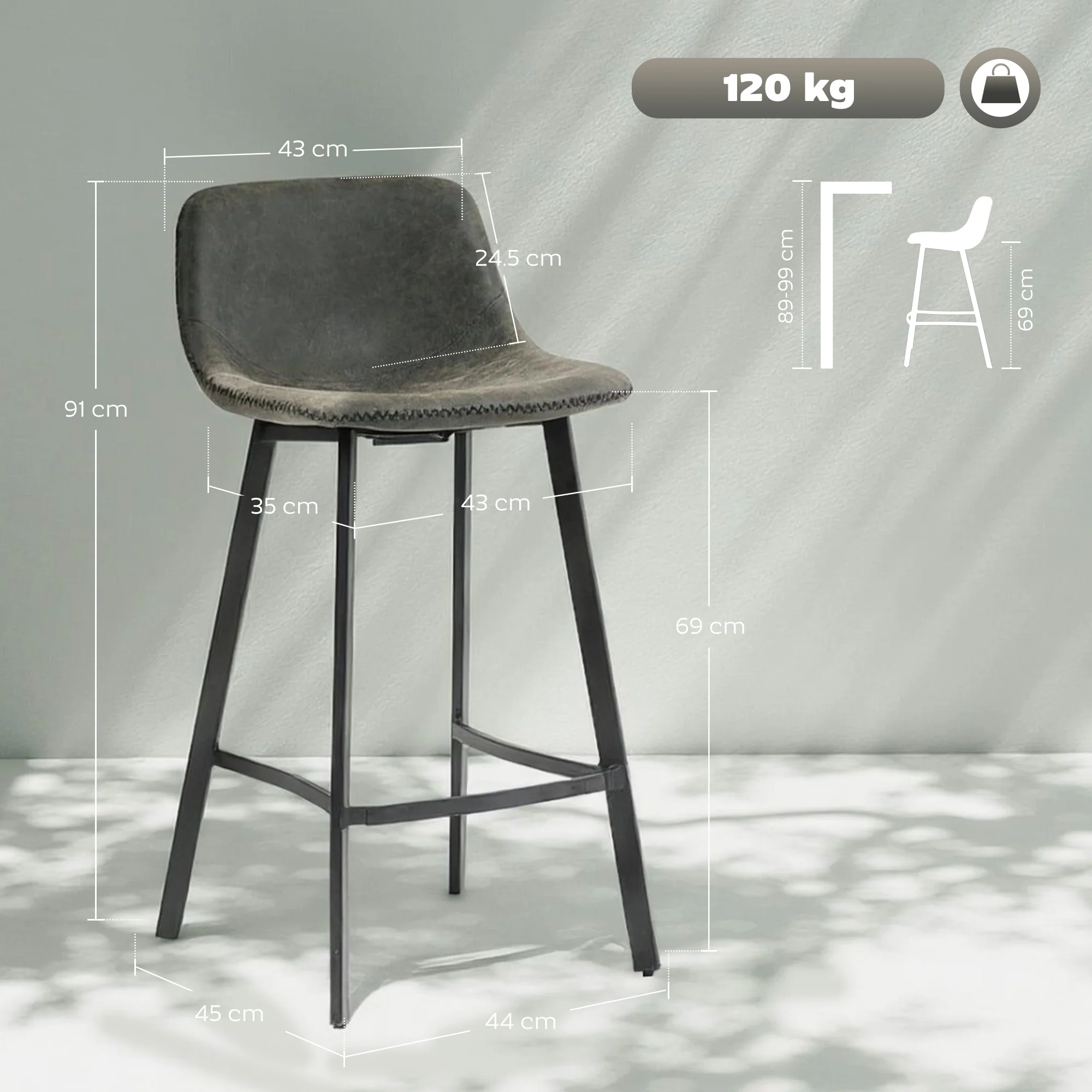 HOMCOM Bar Stools Set of 2, Bar Chairs with Back and Steel Legs, Grey - Image 5