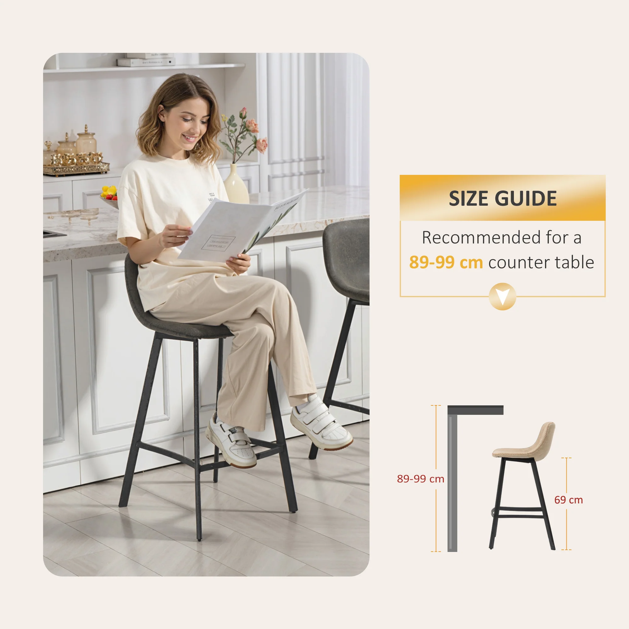 HOMCOM Bar Stools Set of 2, Bar Chairs with Back and Steel Legs, Grey - Image 7