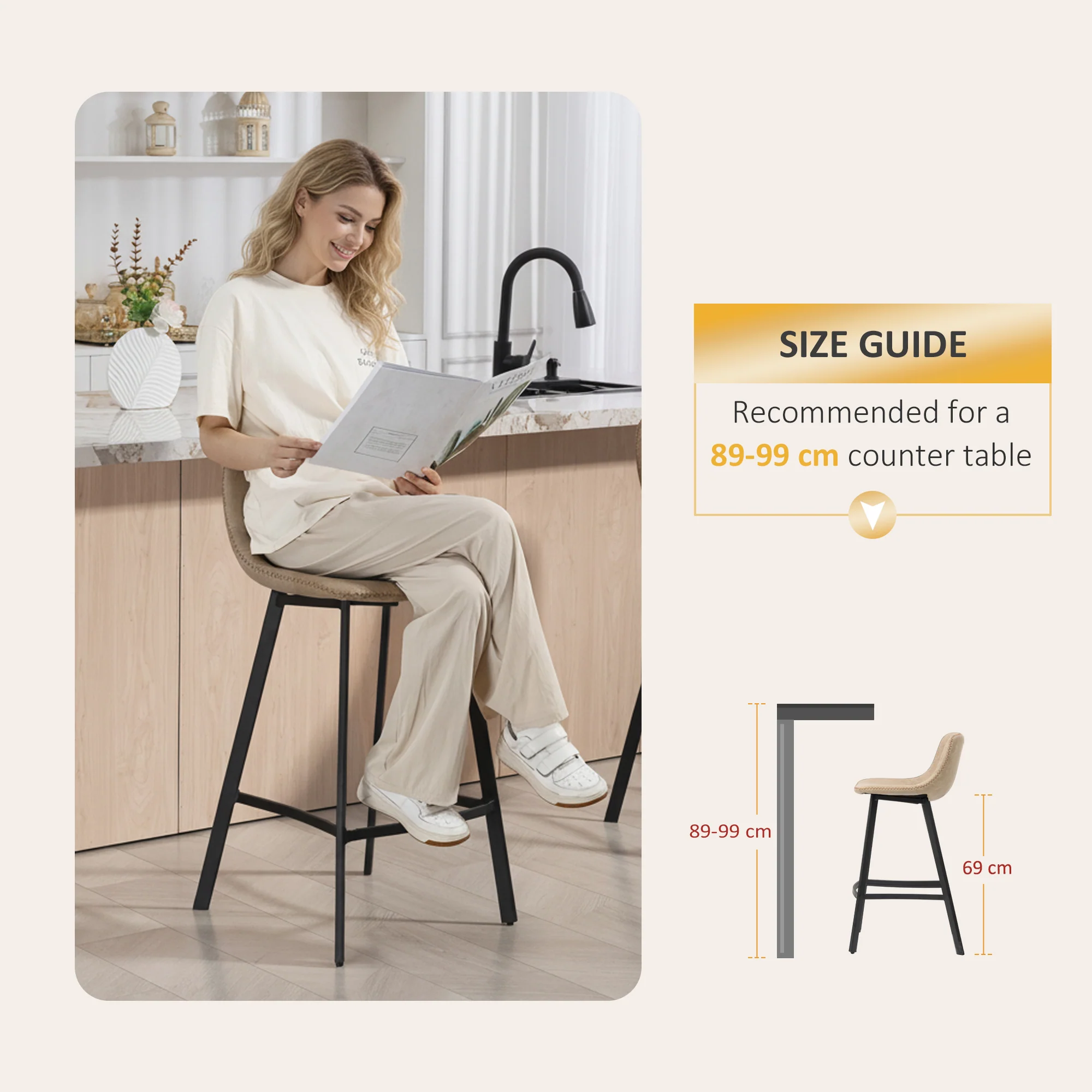 HOMCOM Bar Stools Set of 2, Bar Chairs with Back and Steel Legs, Light Brown - Image 7