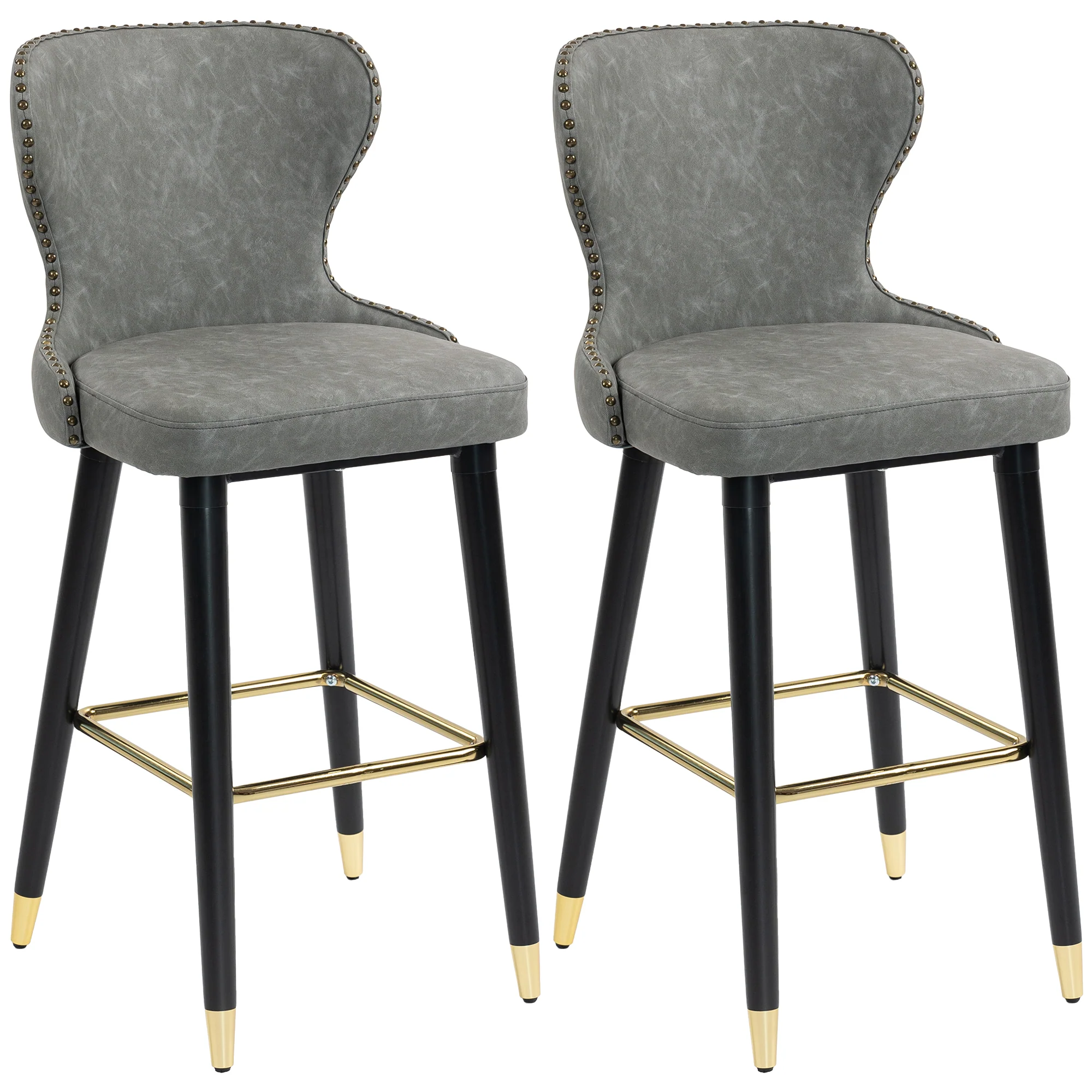 HOMCOM Bar Stools Set of 2, Dining Stools with Backrest, Footrest, Grey