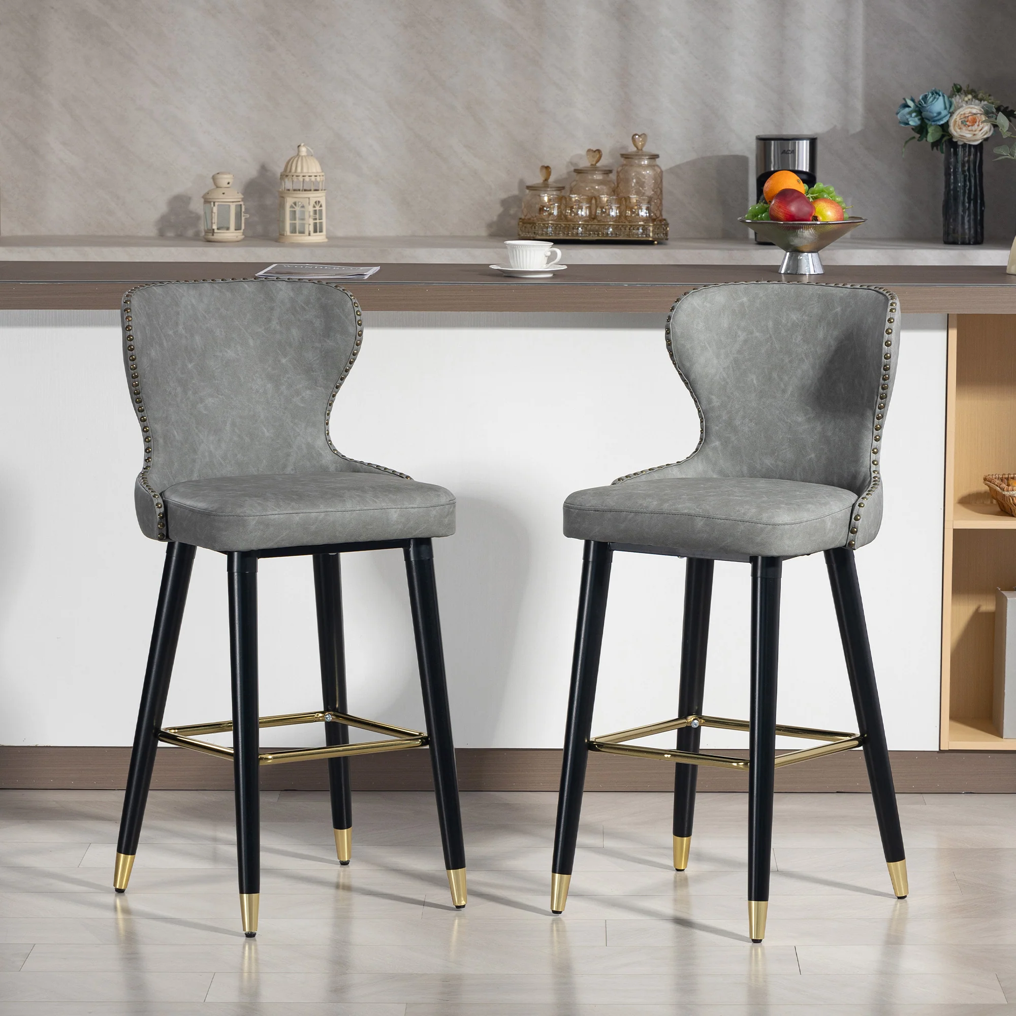 HOMCOM Bar Stools Set of 2, Dining Stools with Backrest, Footrest, Grey - Image 2