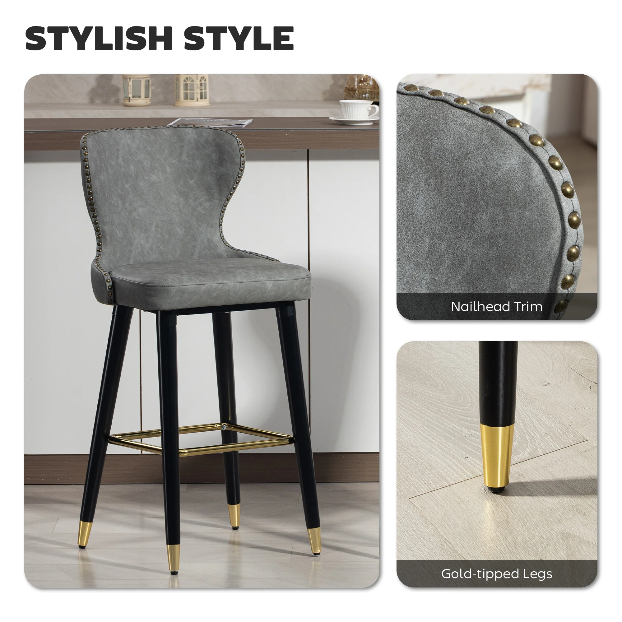 HOMCOM Bar Stools Set of 2, Dining Stools with Backrest, Footrest, Grey - Image 3