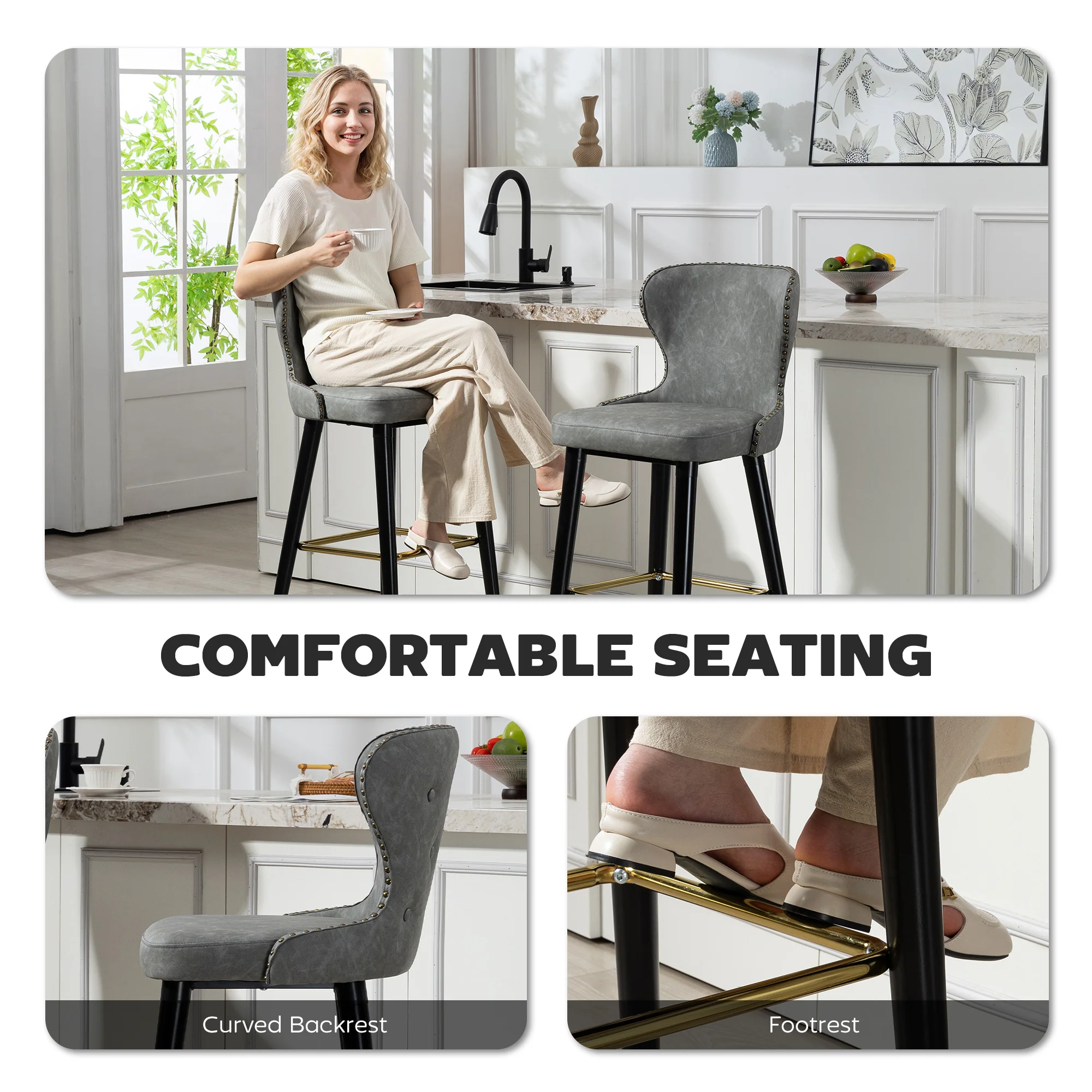 HOMCOM Bar Stools Set of 2, Dining Stools with Backrest, Footrest, Grey - Image 4