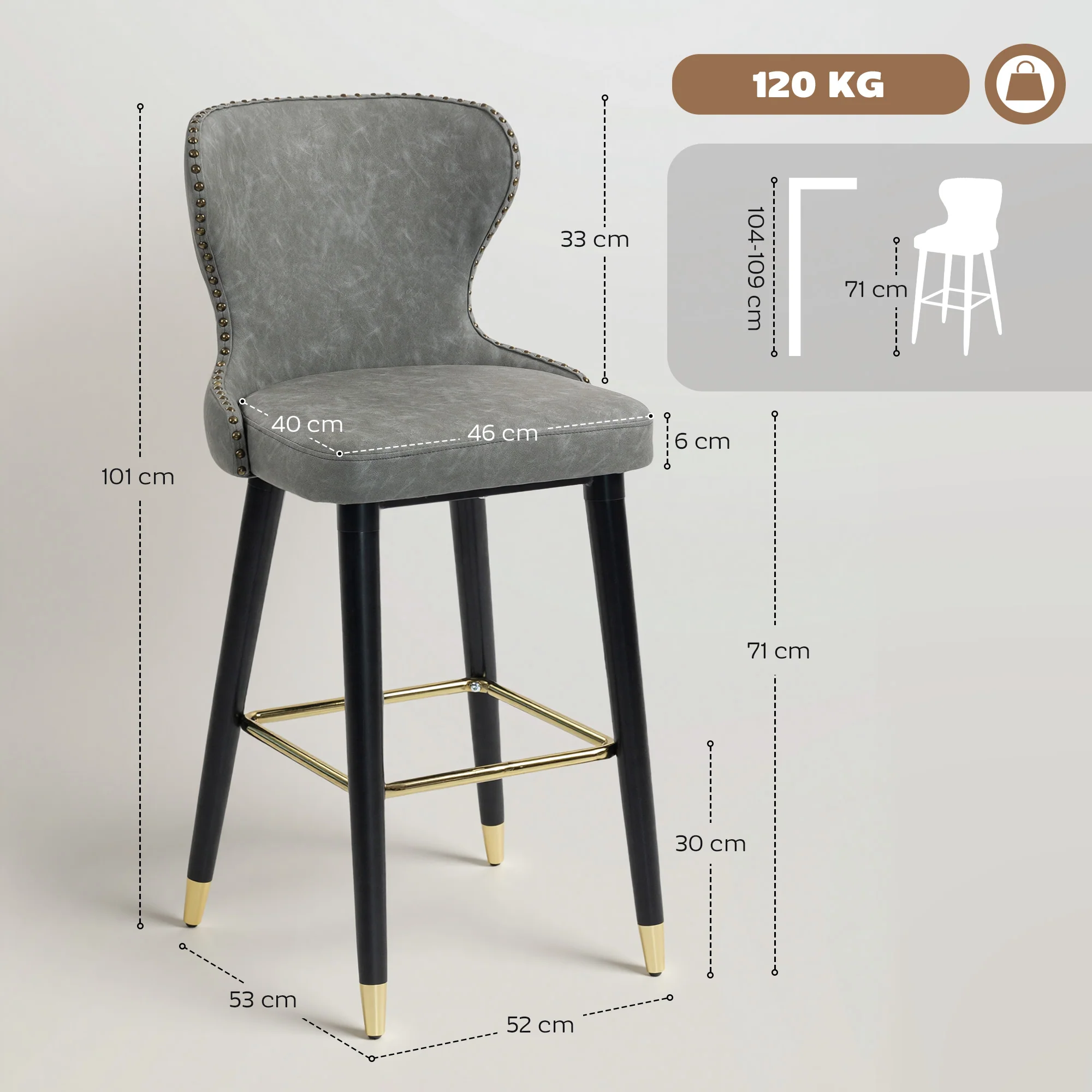 HOMCOM Bar Stools Set of 2, Dining Stools with Backrest, Footrest, Grey - Image 5