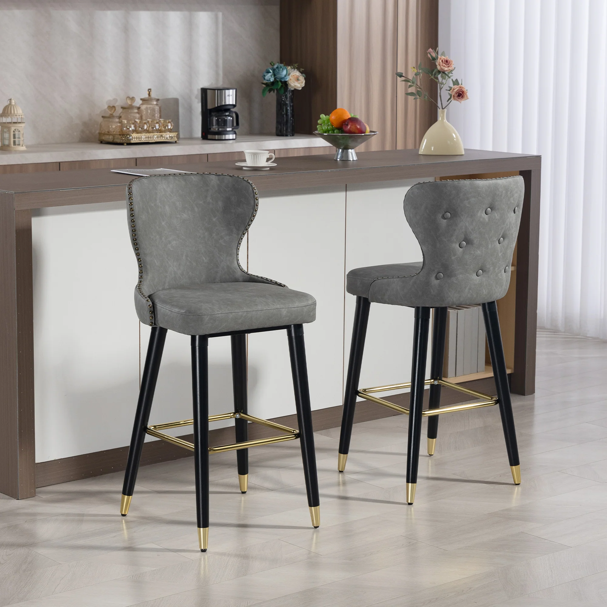 HOMCOM Bar Stools Set of 2, Dining Stools with Backrest, Footrest, Grey - Image 8