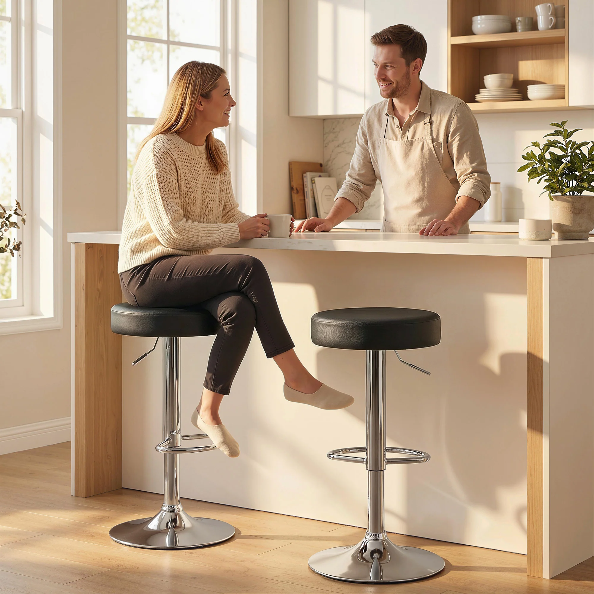 HOMCOM Bar Stools Set of 2, Height Adjustable Breakfast Bar Chairs, Black - Image 2