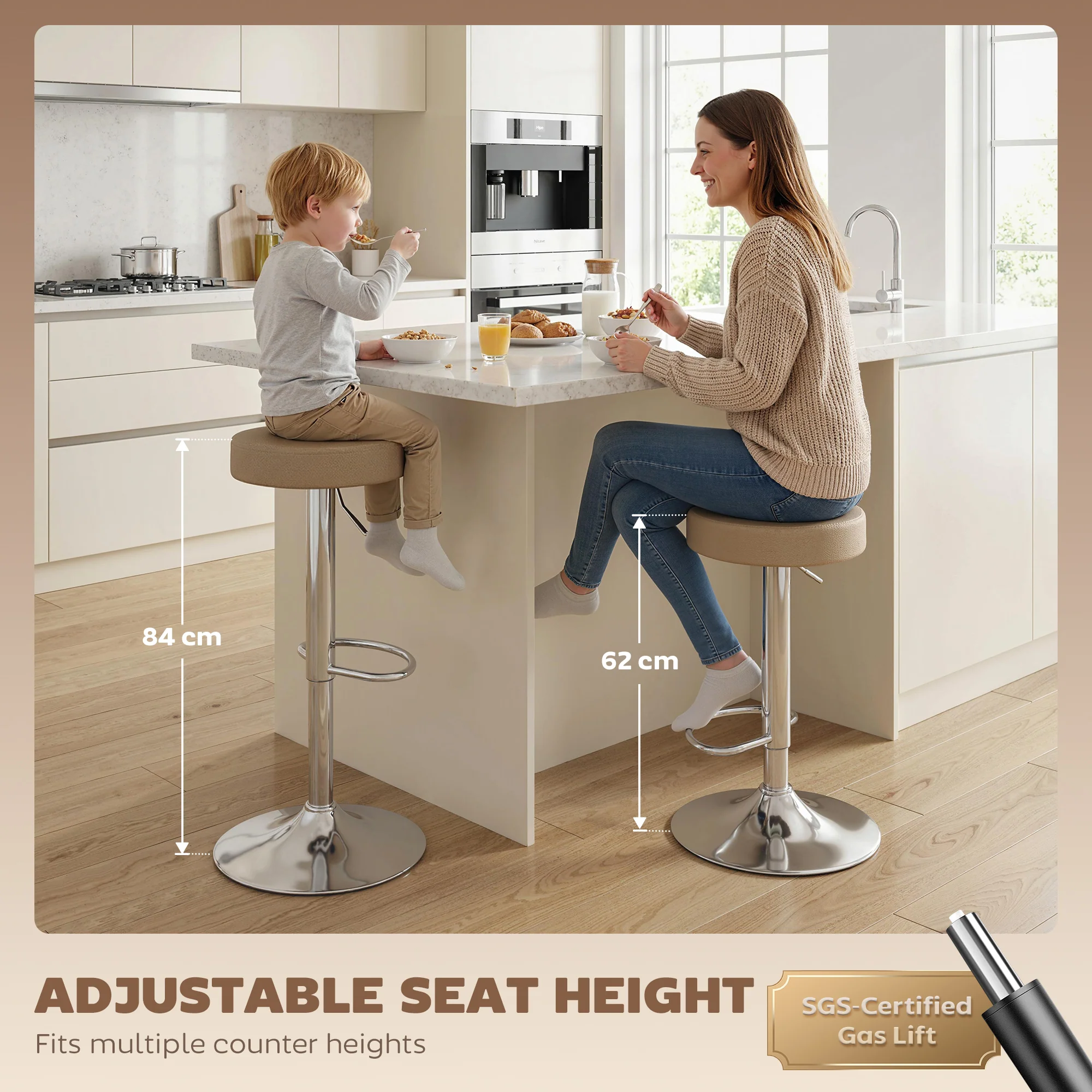 HOMCOM Bar Stools Set Of 2, Height Adjustable Breakfast Bar Chairs, Brown - Image 3