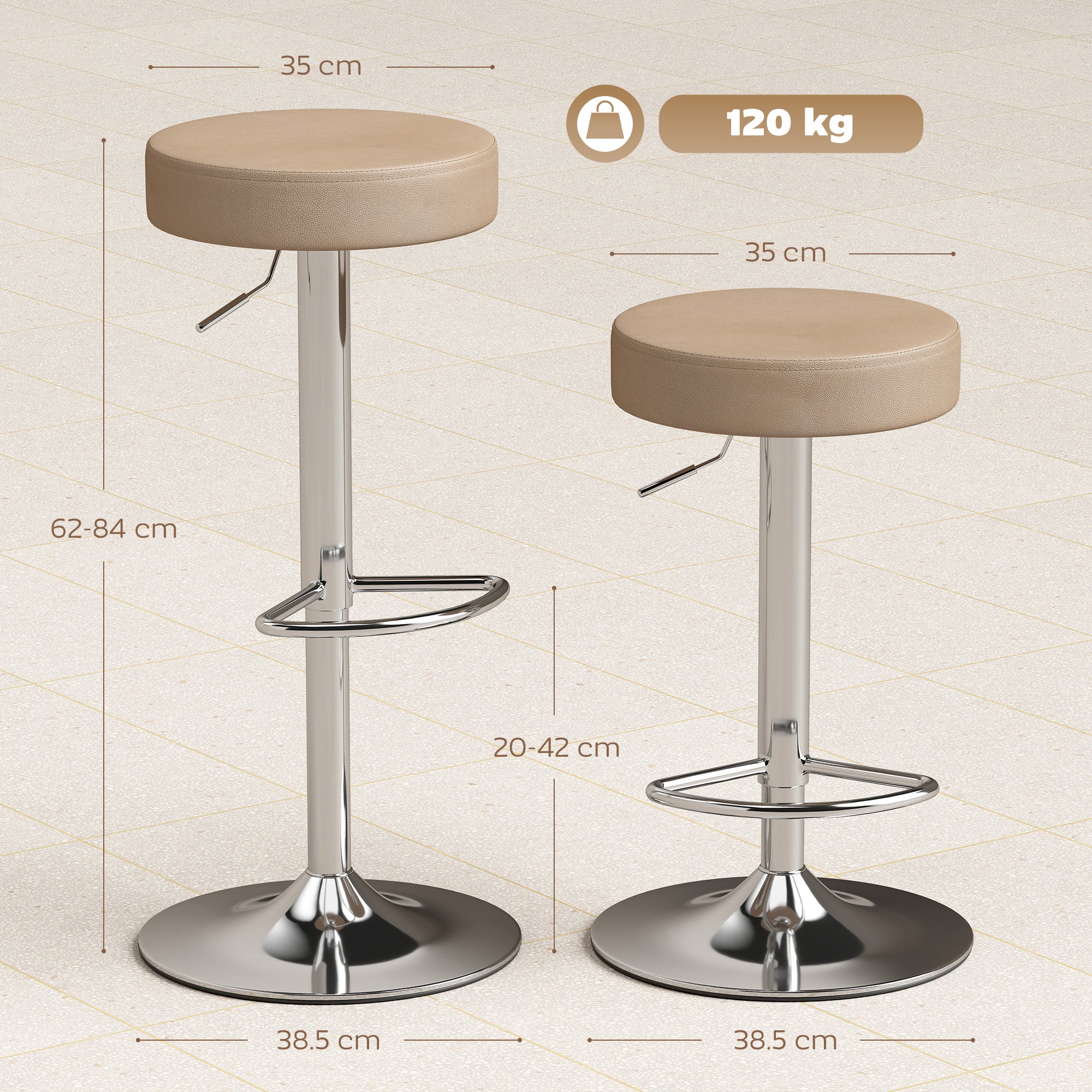 HOMCOM Bar Stools Set Of 2, Height Adjustable Breakfast Bar Chairs, Brown - Image 5