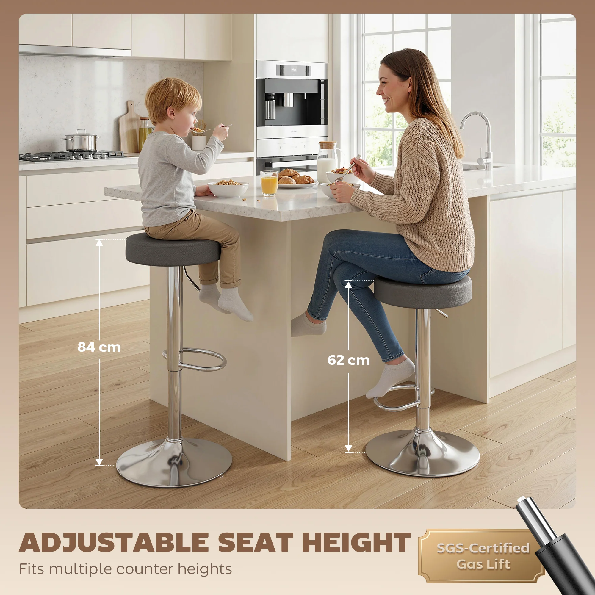 HOMCOM Bar Stools Set Of 2, Height Adjustable Breakfast Bar Chairs, Grey - Image 3