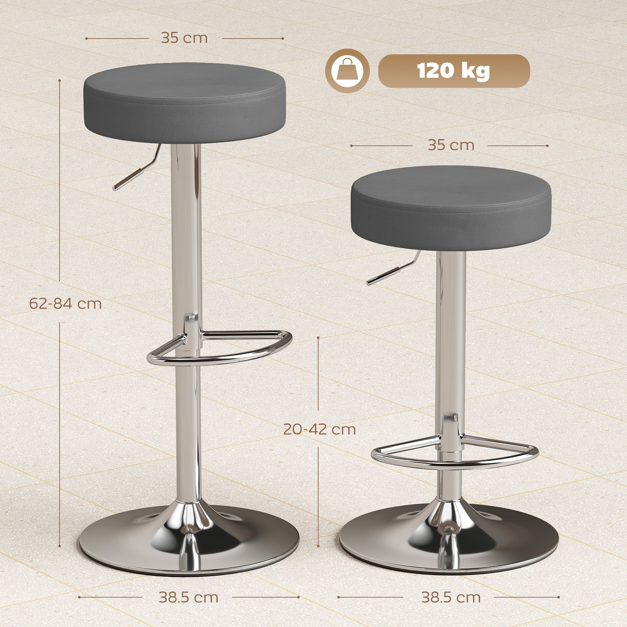 HOMCOM Bar Stools Set Of 2, Height Adjustable Breakfast Bar Chairs, Grey - Image 5