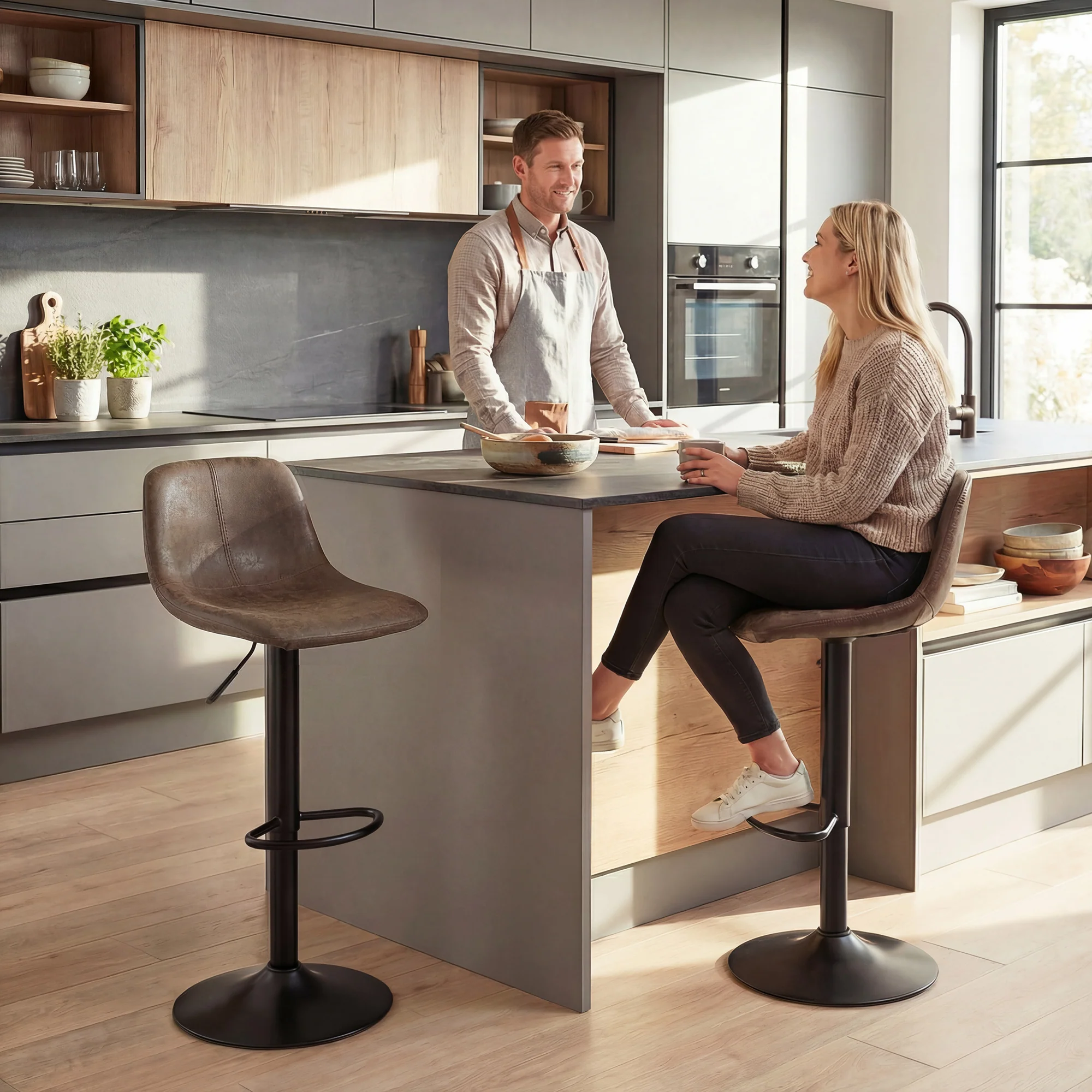 HOMCOM Bar Stools Set Of 2, Modern Swivel Barstools For Dining Room, Brown - Image 2