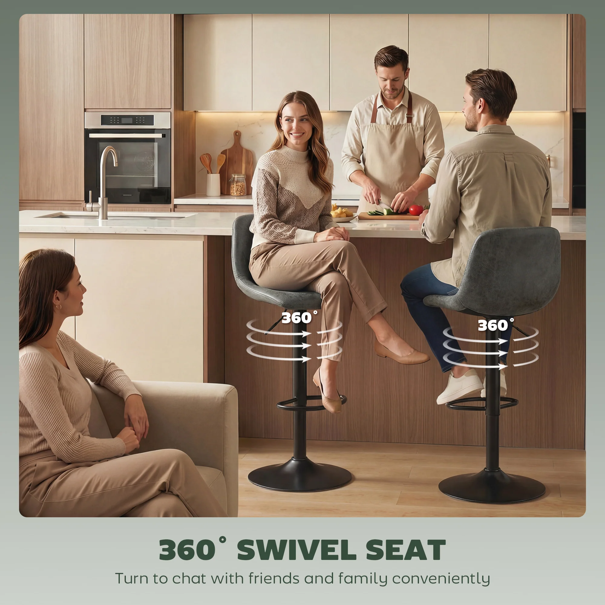 HOMCOM Bar Stools Set Of 2, Modern Swivel Barstools For Dining Room, Green - Image 5