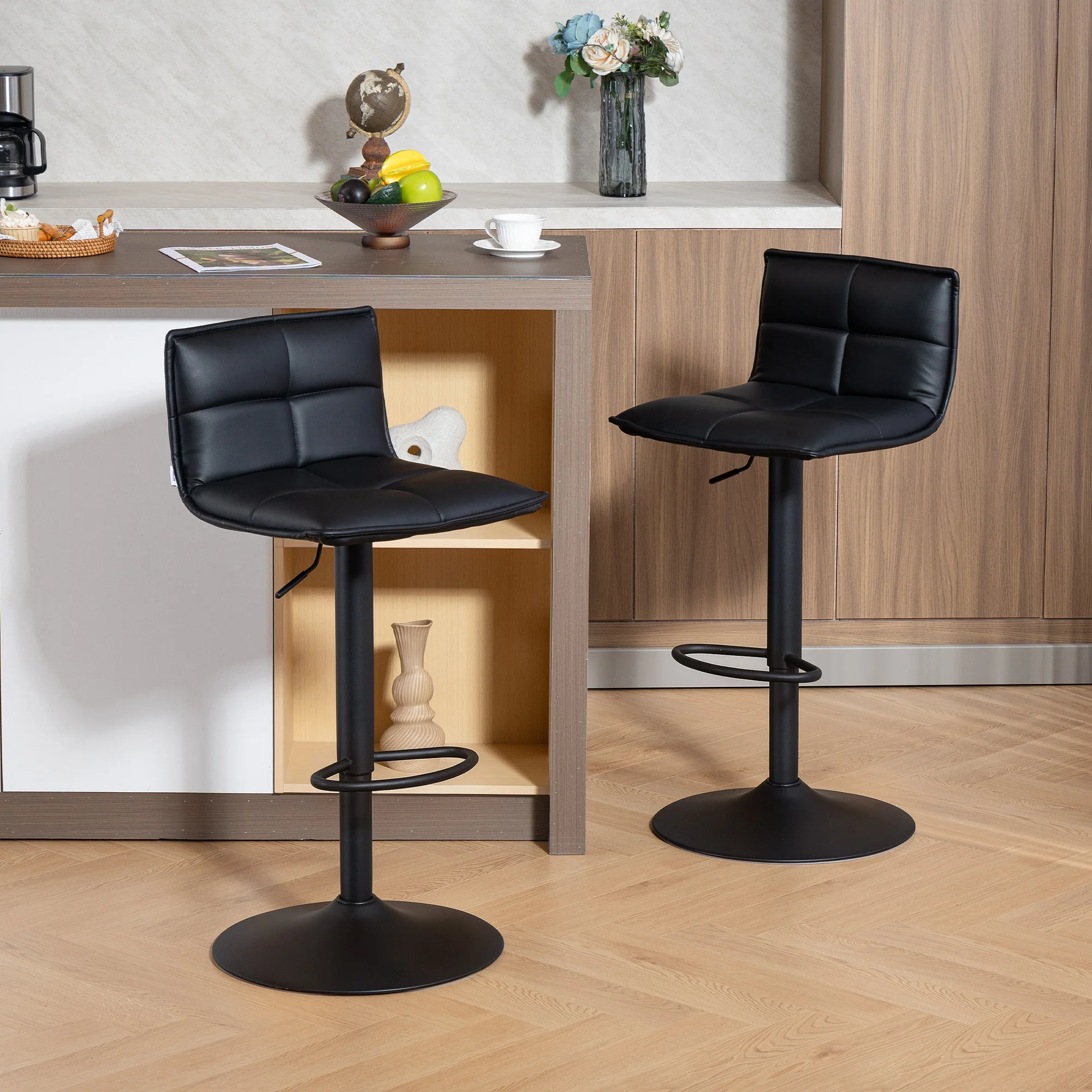 HOMCOM Bar Stools Set Of 2 Swivel Height Adjustable Barstools Black - Image 2