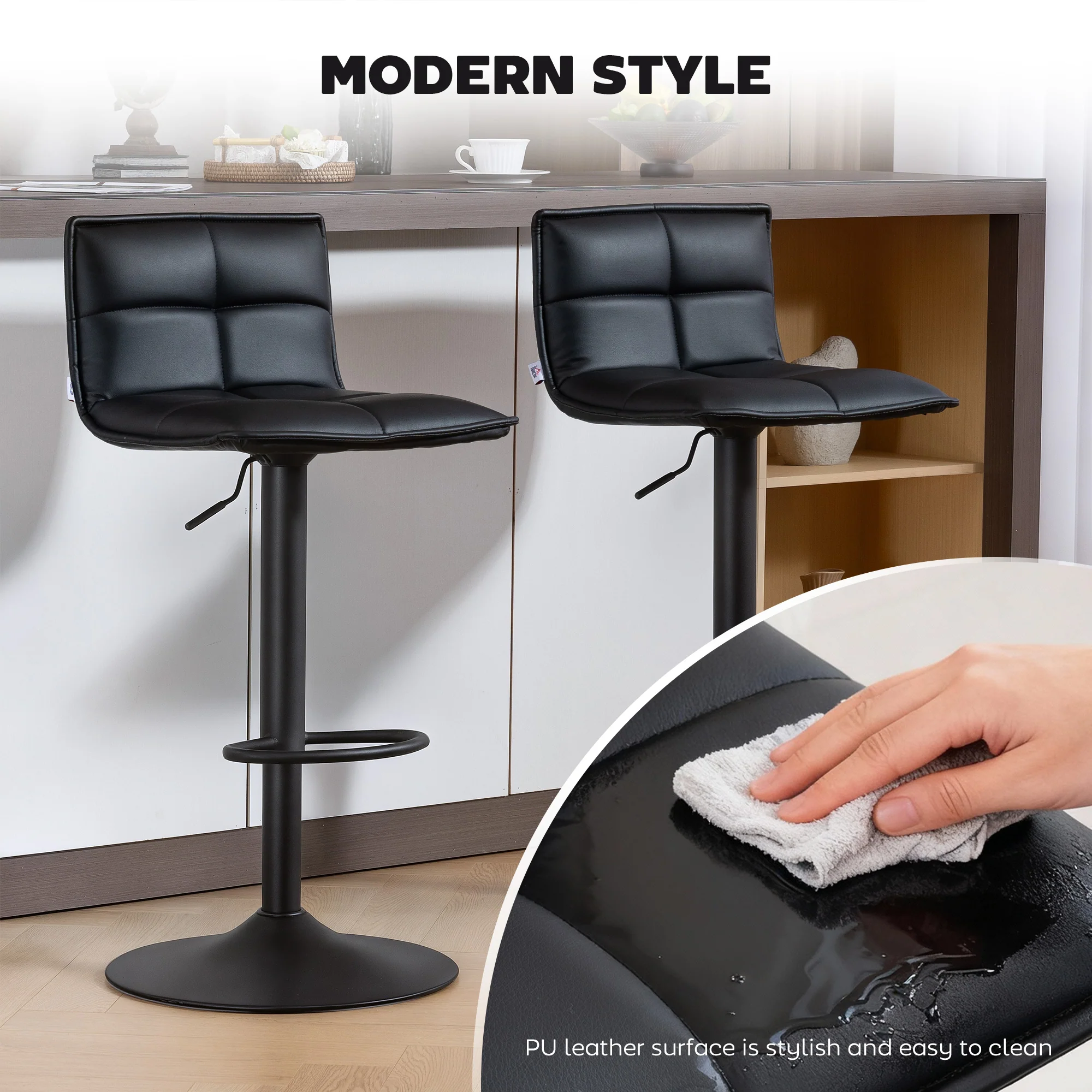 HOMCOM Bar Stools Set Of 2 Swivel Height Adjustable Barstools Black - Image 3