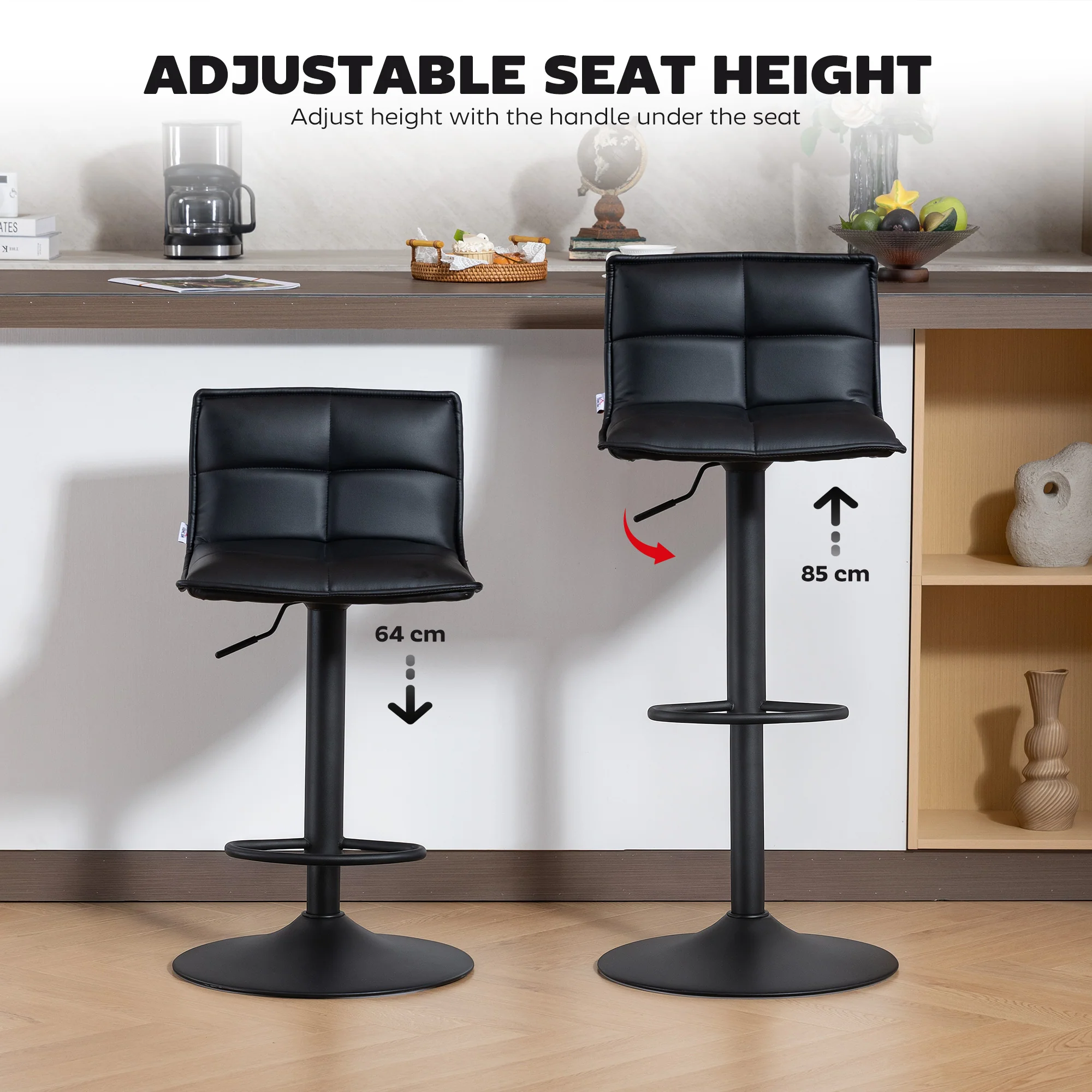 HOMCOM Bar Stools Set Of 2 Swivel Height Adjustable Barstools Black - Image 4